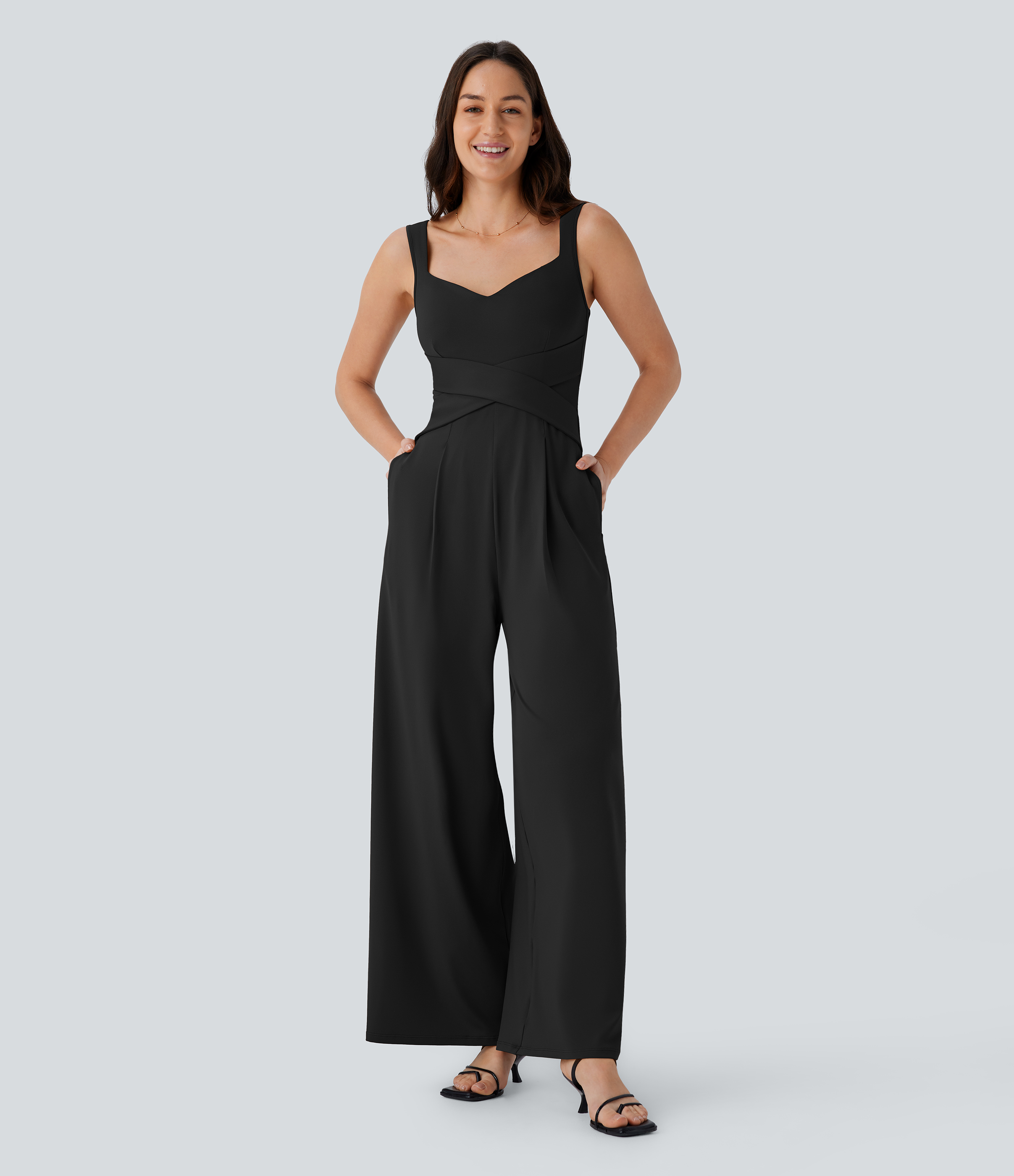 U Back Sleeveless Casual Work Jumpsuit with Pockets