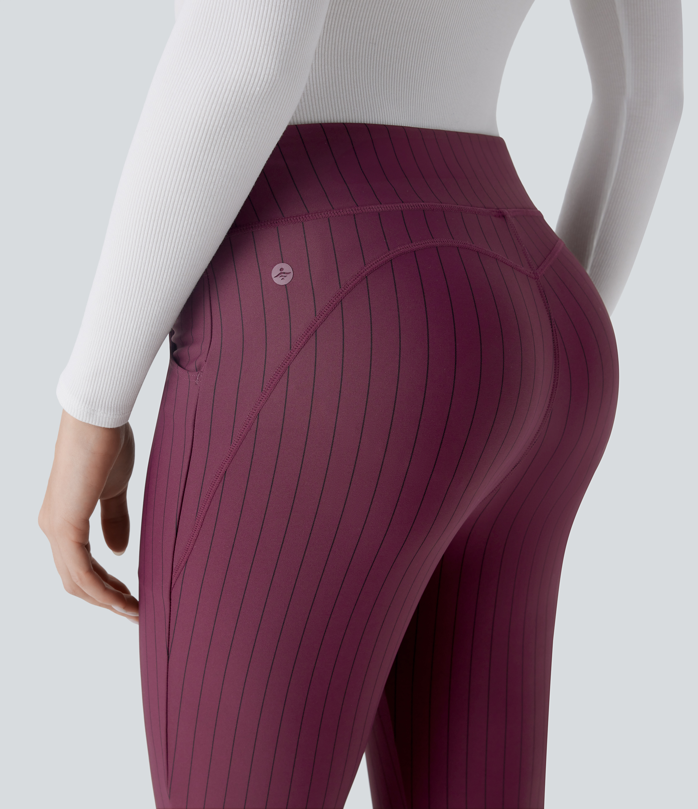 Halara High Waisted Side Pocket Stripe 7/8 Cool Touch Work Leggings  - Wine Red and Black Stripe - XL(7/8) gym leggings leggings with pockets 
