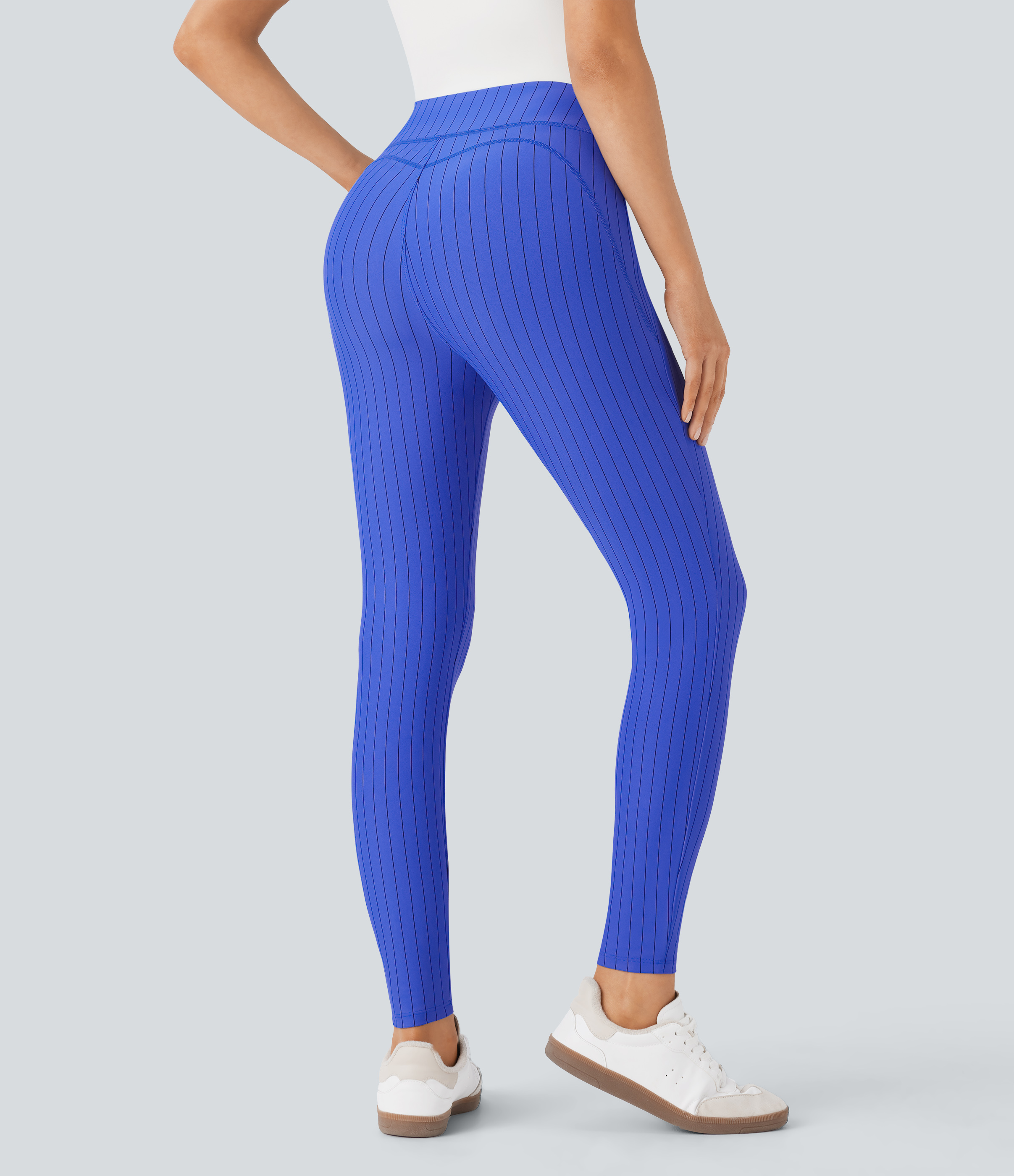 Halara High Waisted Side Pocket Stripe 7/8 Cool Touch Work Leggings  - Blue Black Pinstripe - L(7/8) gym leggings leggings with pockets 