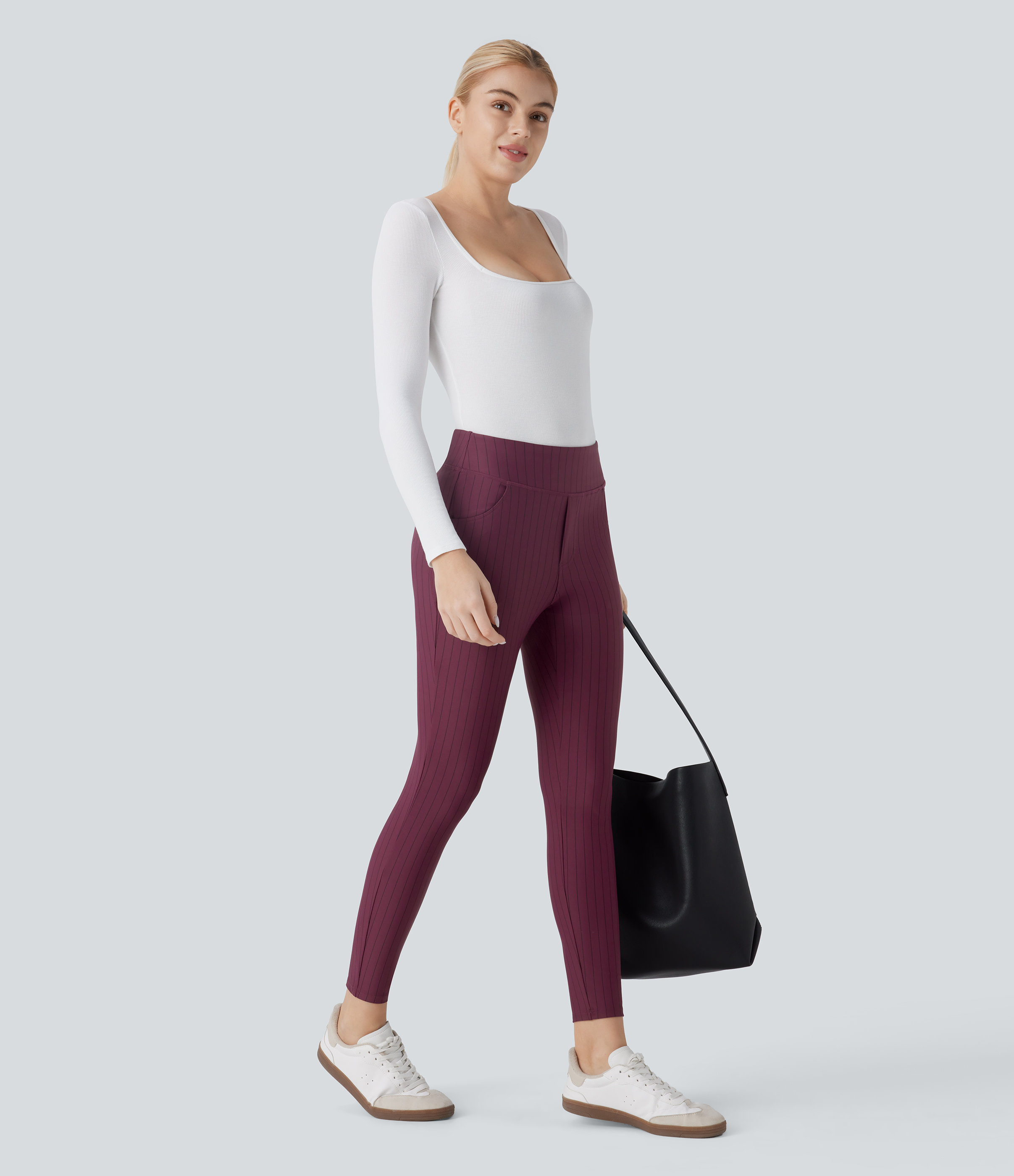 Halara High Waisted Side Pocket Stripe 7/8 Cool Touch Work Leggings  - Wine Red and Black Stripe - XL(7/8) gym leggings leggings with pockets 
