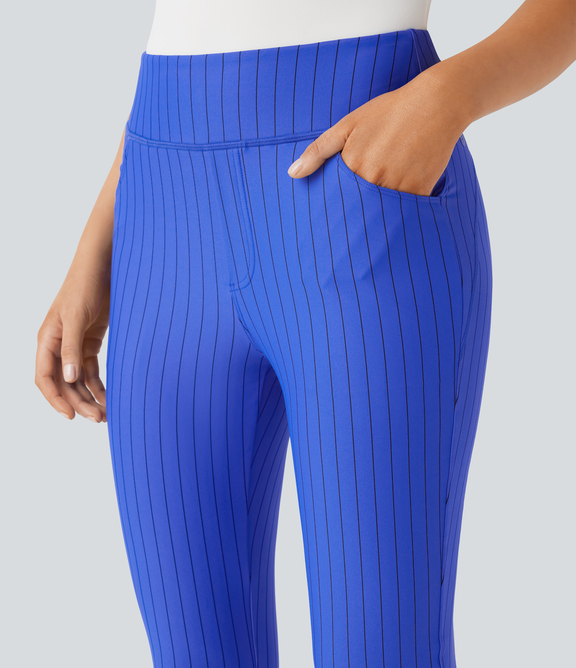 Halara High Waisted Side Pocket Stripe 7/8 Cool Touch Work Leggings  - Blue Black Pinstripe - L(7/8) gym leggings leggings with pockets 