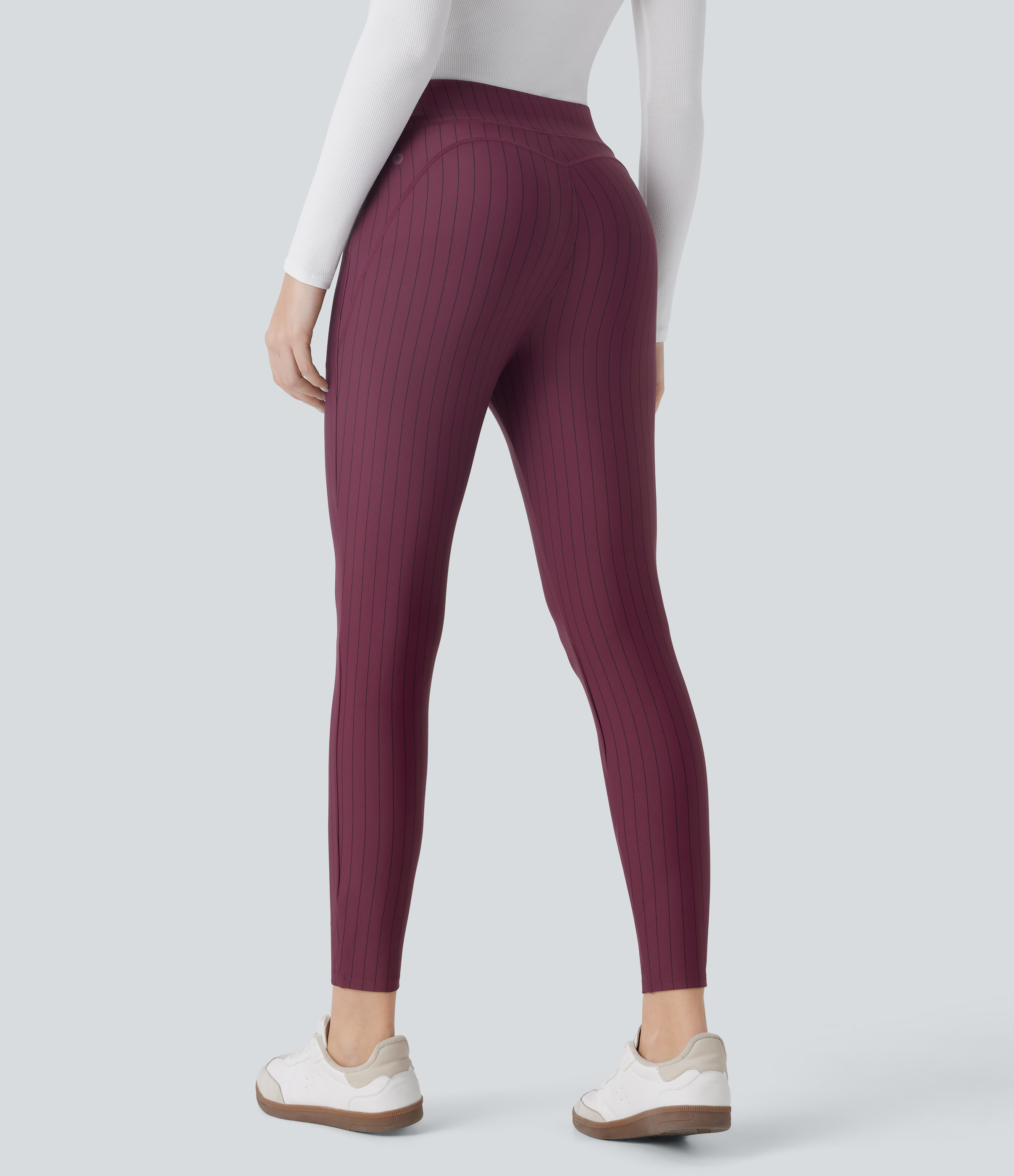 Halara High Waisted Side Pocket Stripe 7/8 Cool Touch Work Leggings  - Wine Red and Black Stripe - XL(7/8) gym leggings leggings with pockets 