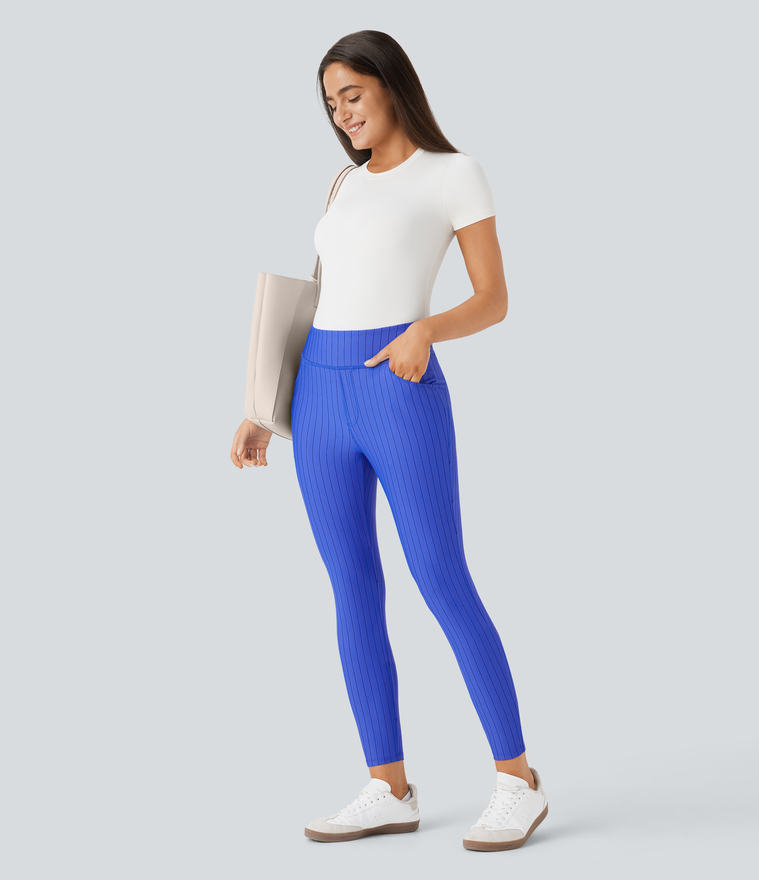 Halara High Waisted Side Pocket Stripe 7/8 Cool Touch Work Leggings  - Blue Black Pinstripe - L(7/8) gym leggings leggings with pockets 