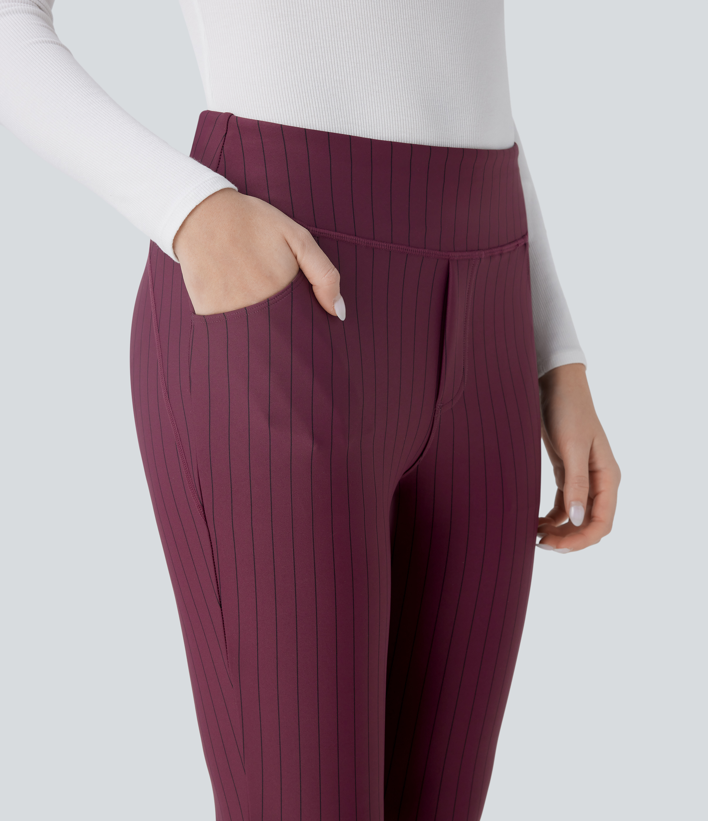 Halara High Waisted Side Pocket Stripe 7/8 Cool Touch Work Leggings  - Wine Red and Black Stripe - XL(7/8) gym leggings leggings with pockets 