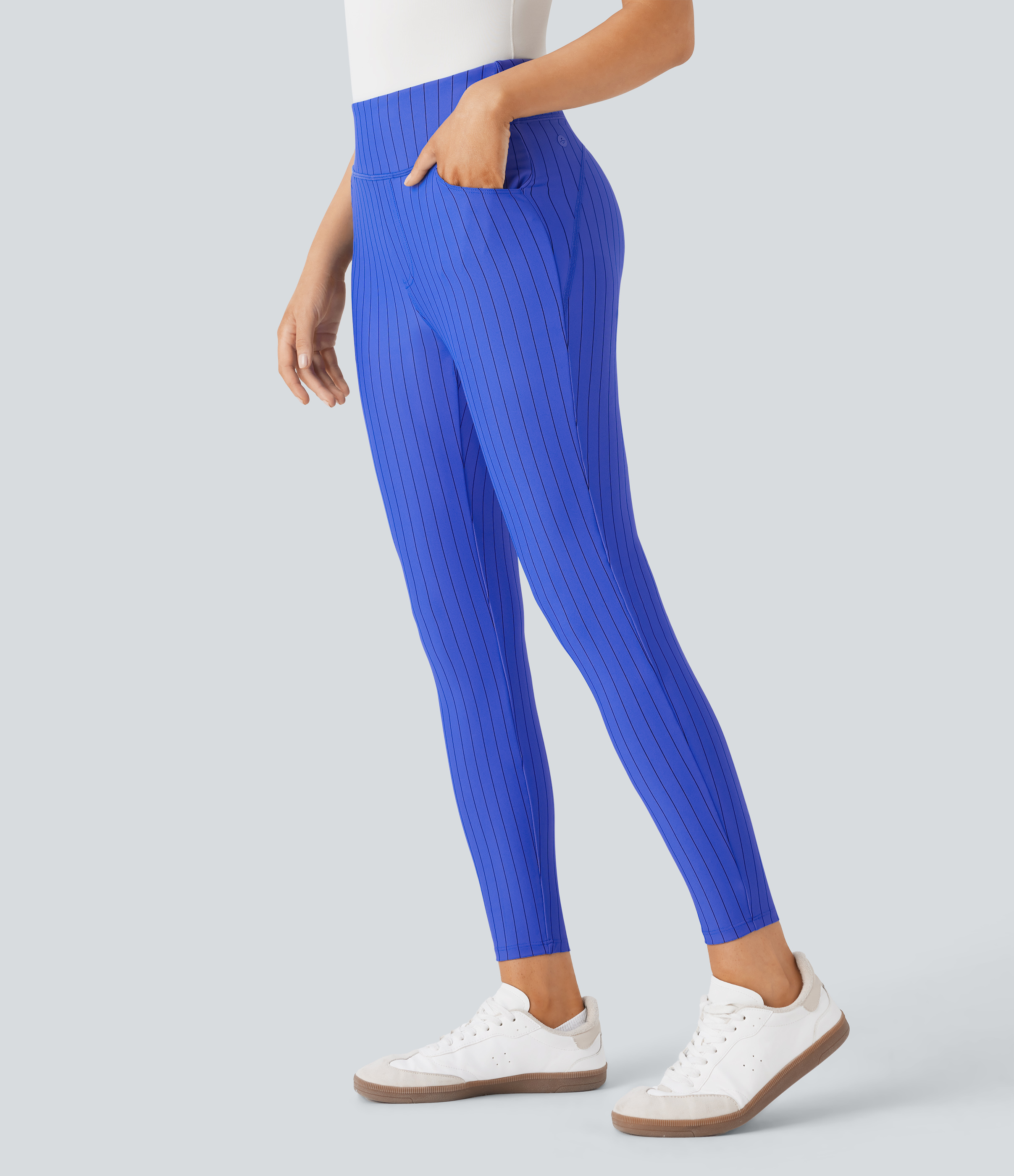 Halara High Waisted Side Pocket Stripe 7/8 Cool Touch Work Leggings  - Blue Black Pinstripe - L(7/8) gym leggings leggings with pockets 