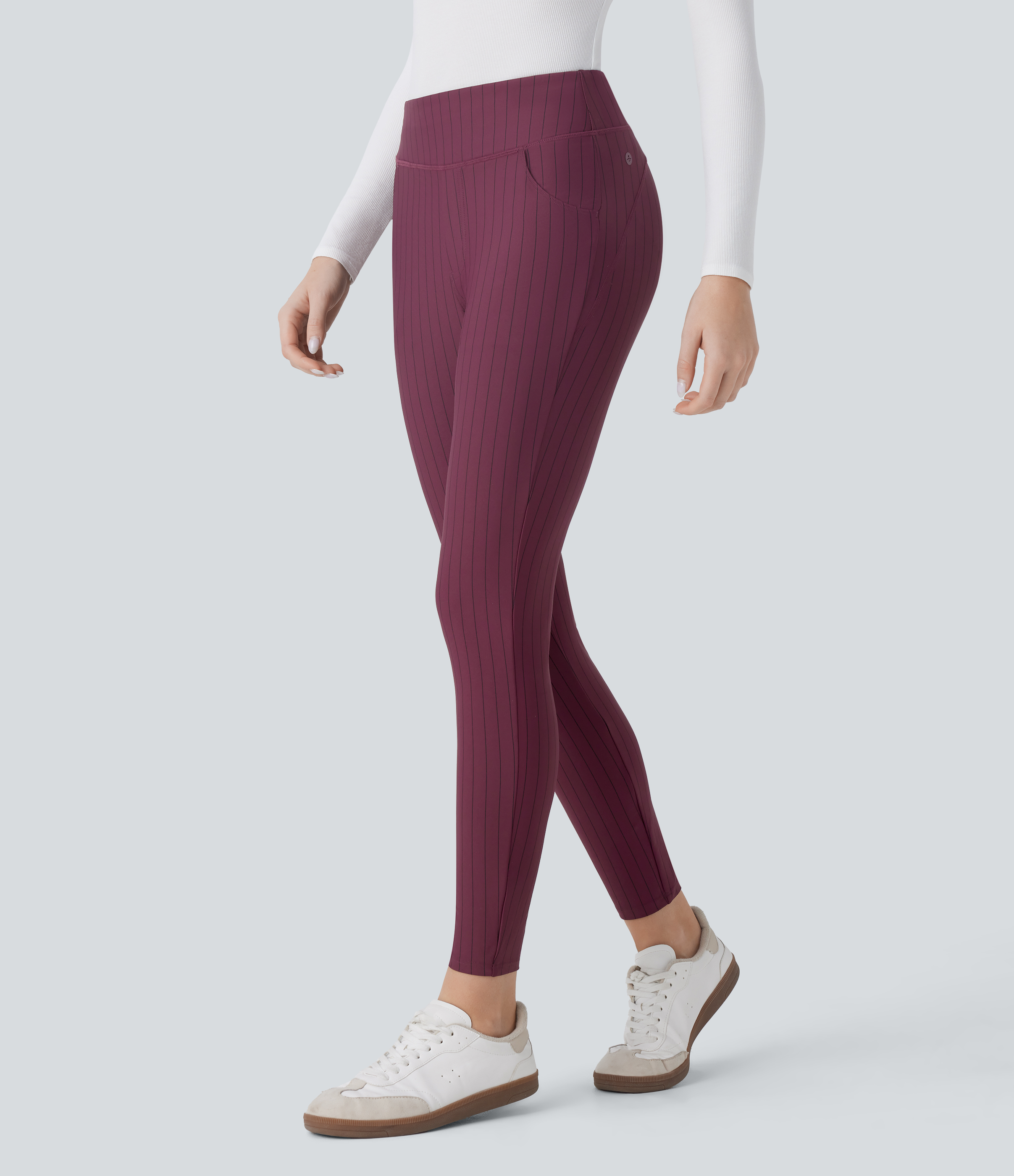 Halara High Waisted Side Pocket Stripe 7/8 Cool Touch Work Leggings  - Wine Red and Black Stripe - XL(7/8) gym leggings leggings with pockets 