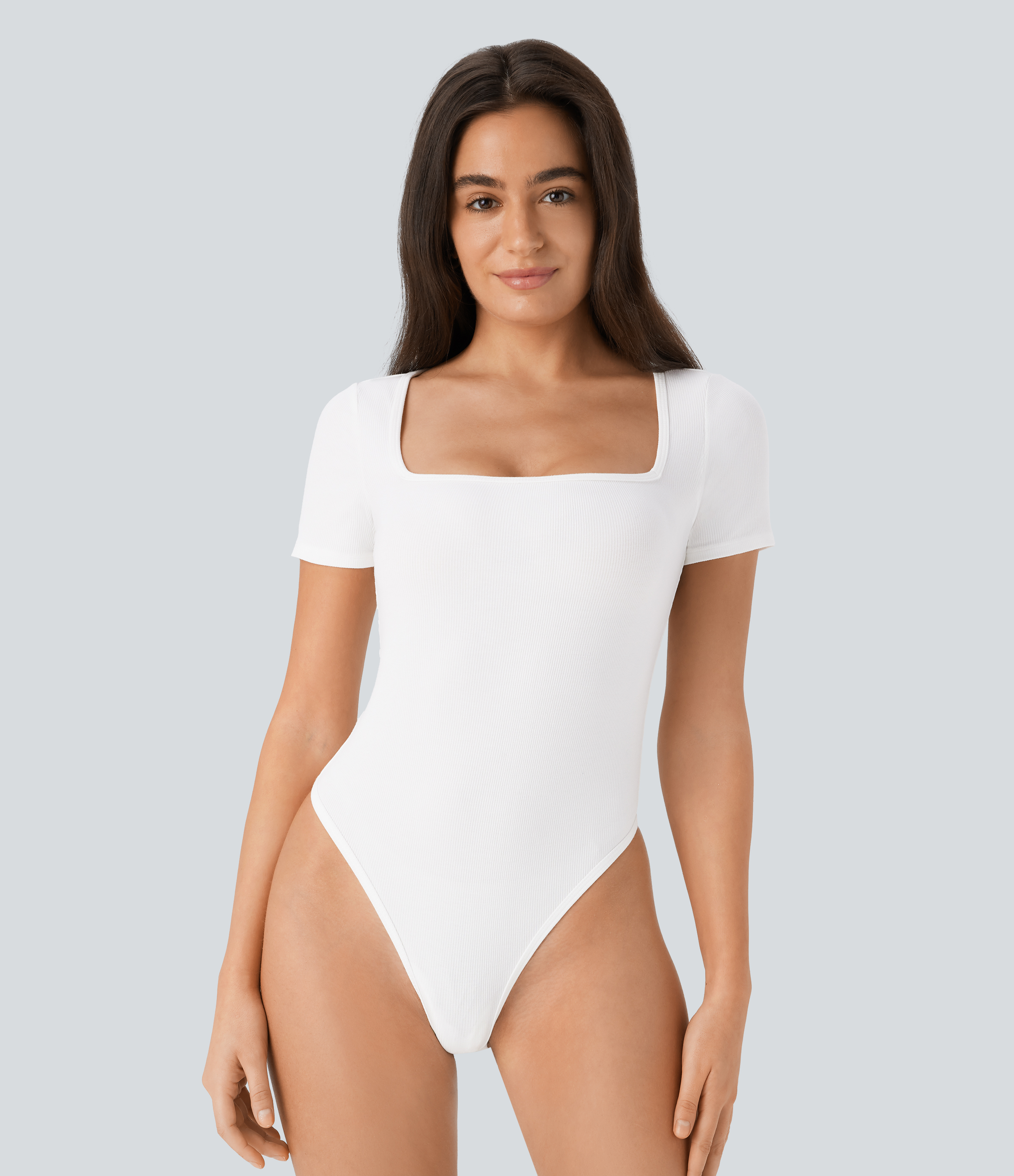 Ribbed Knit Square Neck Short Sleeve Skinny Work Bodysuit