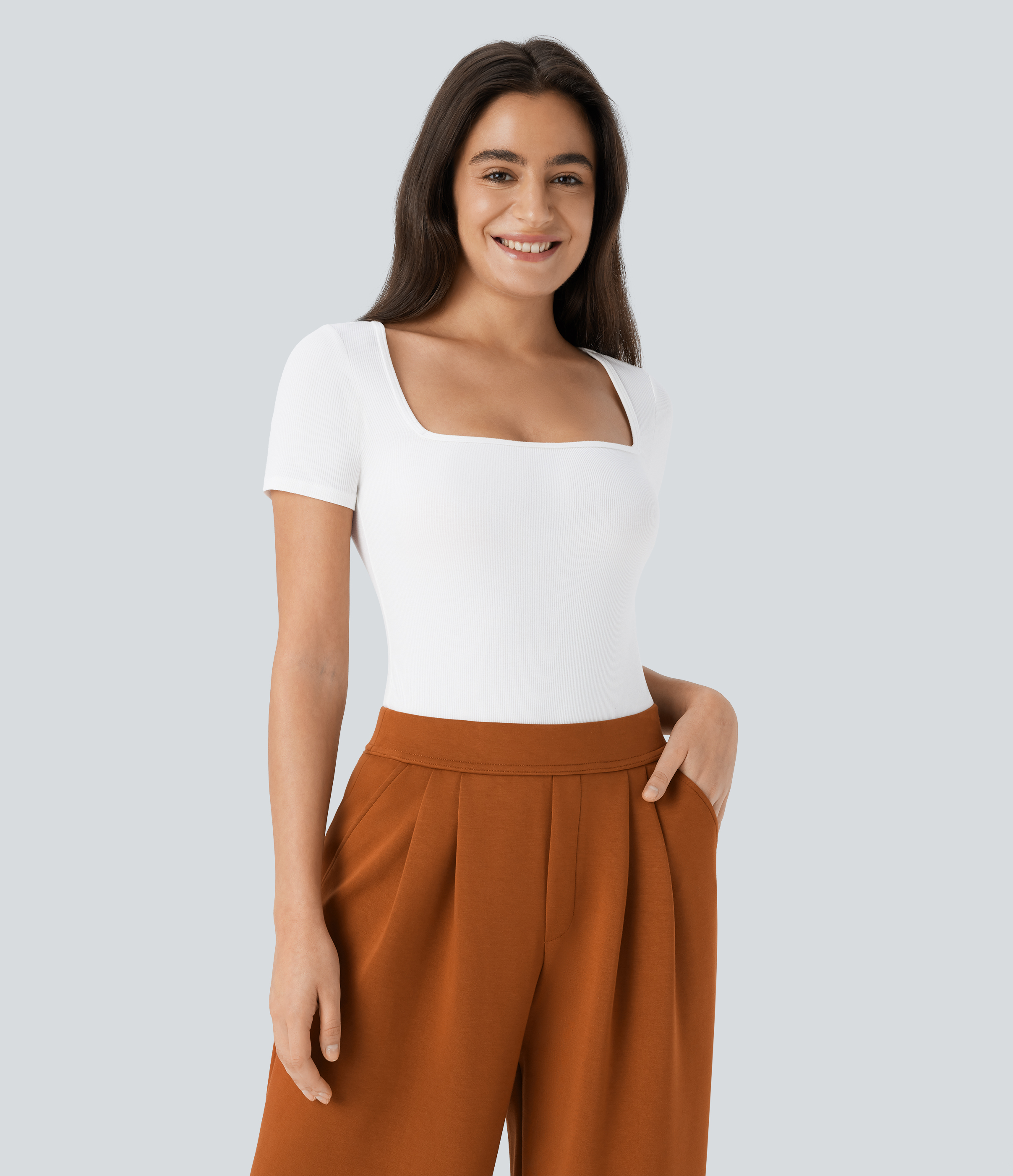 White Ribbed Knit Square Neck Short Sleeve Skinny Work Bodysuit / 2