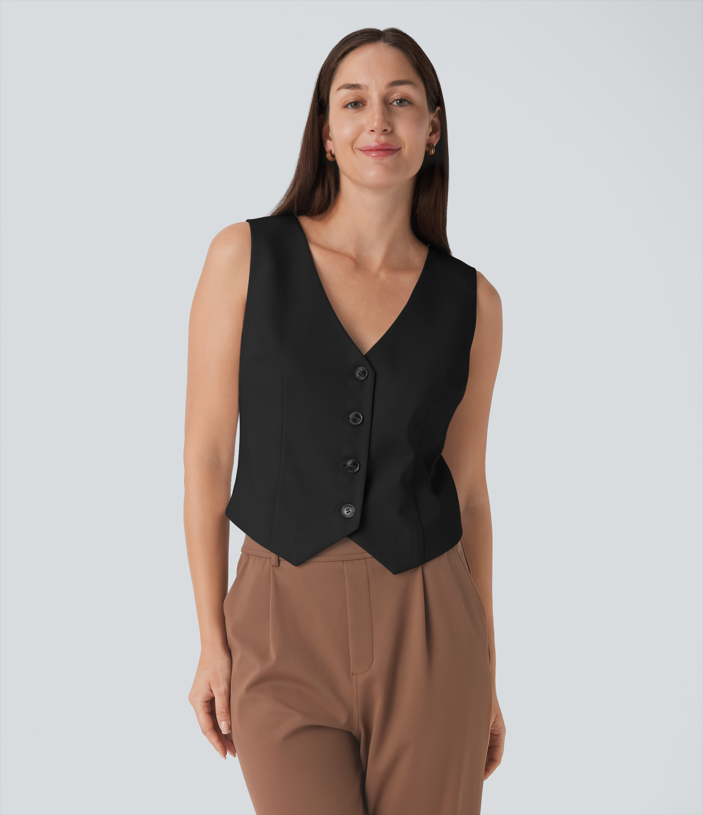 Halara V Neck Button Lace Up Work Vest Tank Top - Black - XL golf tops halter top tunic tops sleeveless tops backless top 
