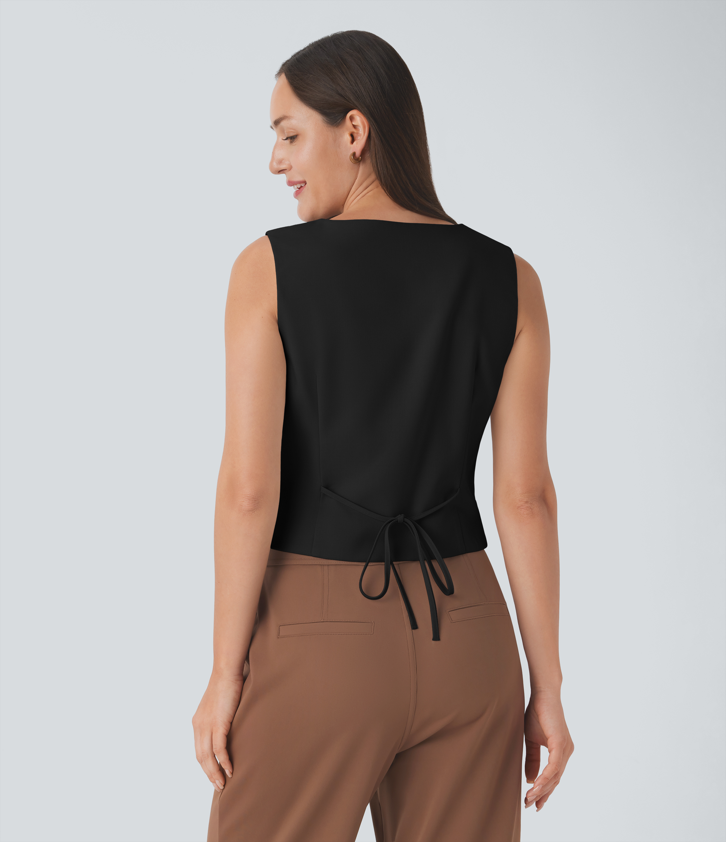 Halara V Neck Button Lace Up Work Vest Tank Top - Black - XL golf tops halter top tunic tops sleeveless tops backless top 