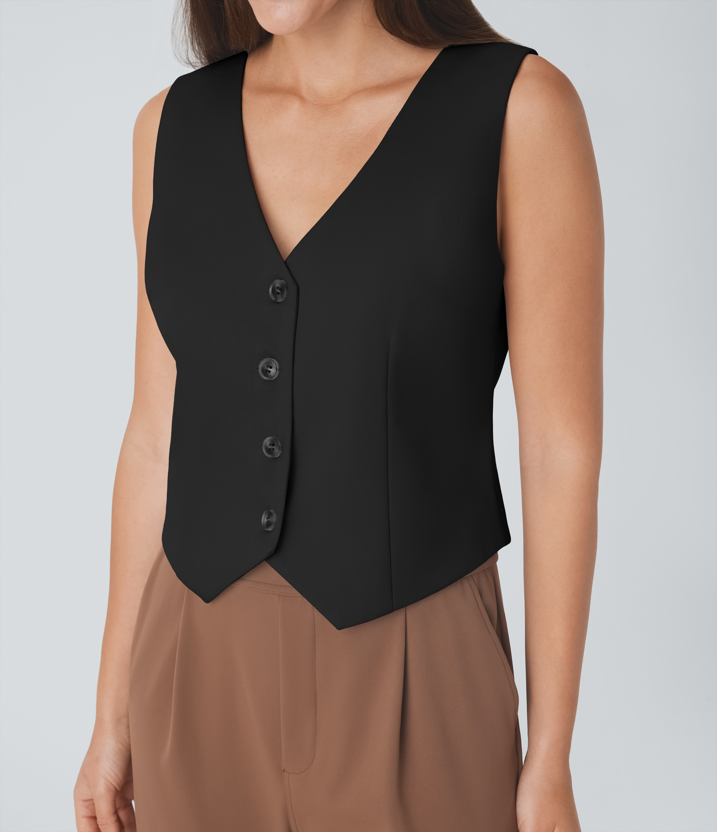 Halara V Neck Button Lace Up Work Vest Tank Top - Black - XL golf tops halter top tunic tops sleeveless tops backless top 