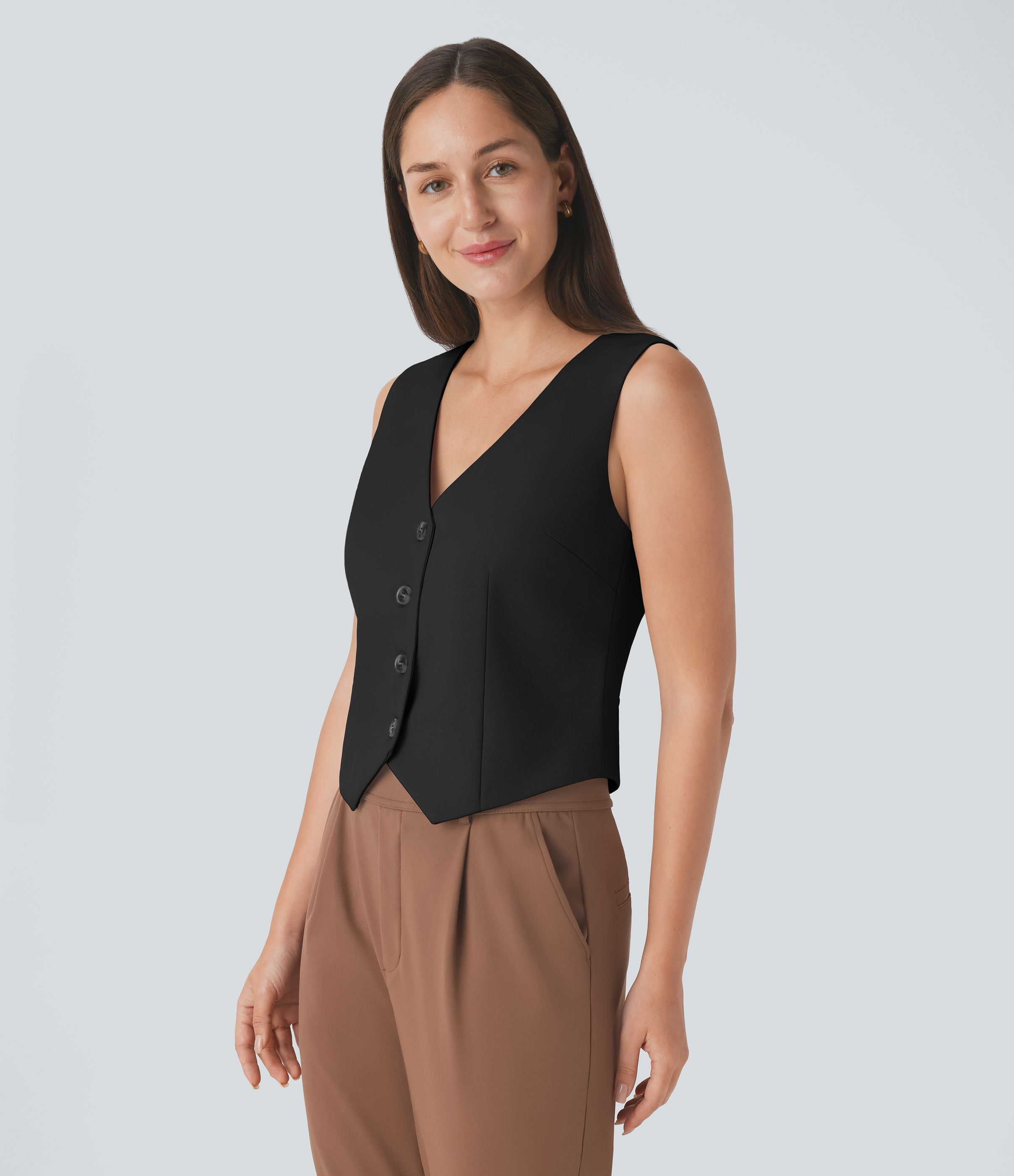 Halara V Neck Button Lace Up Work Vest Tank Top - Black - XL golf tops halter top tunic tops sleeveless tops backless top 