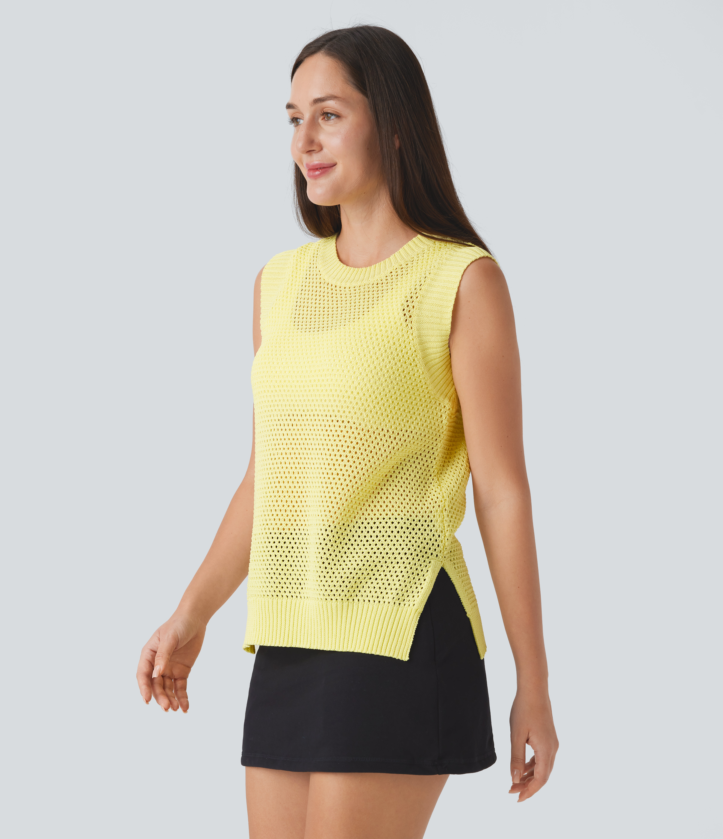 Halara Round Neck Split Hollow Out Casual Knit Tank Top  - Lemonade - XS 