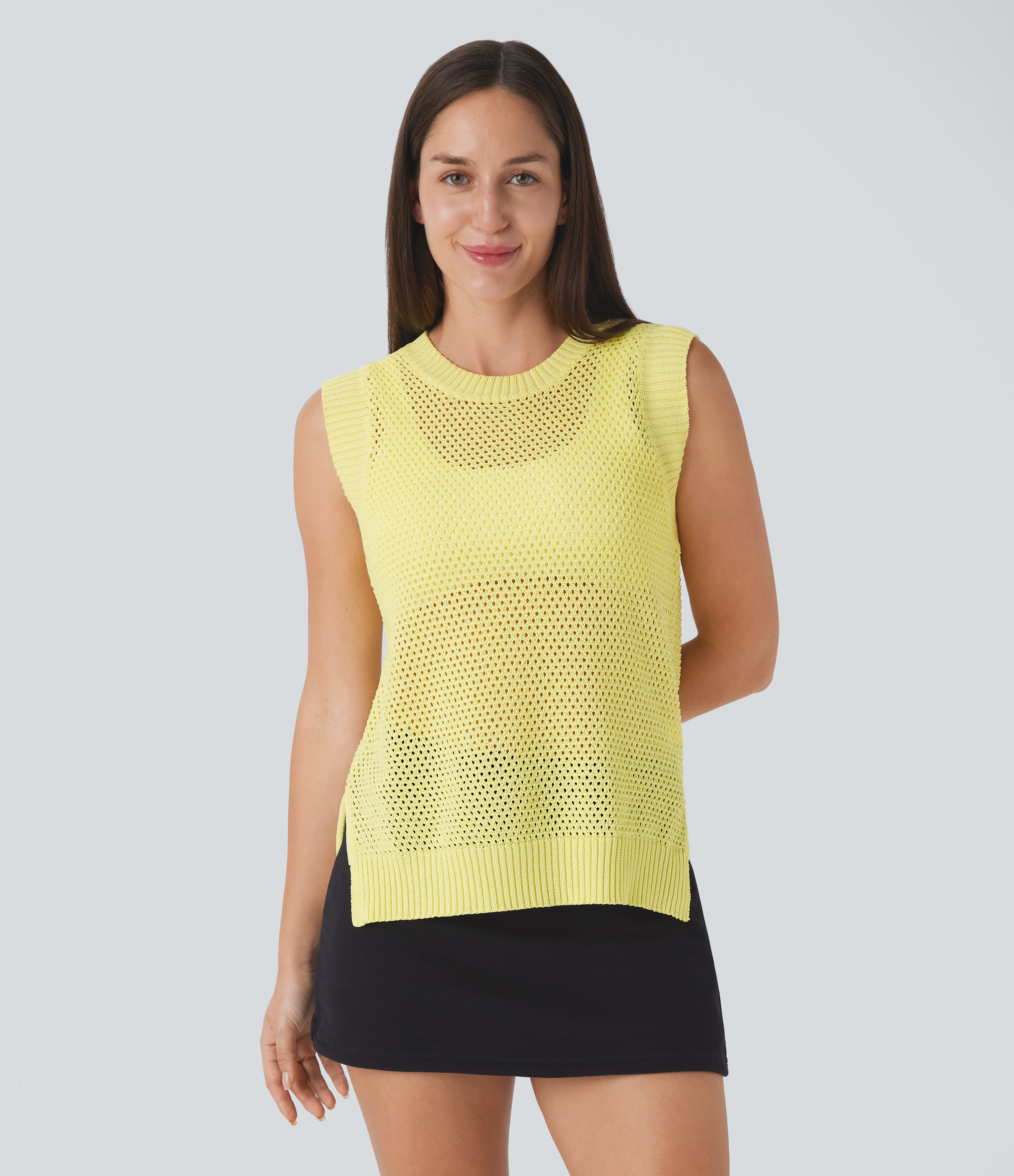 Halara Round Neck Split Hollow Out Casual Knit Tank Top  - Lemonade - XS 