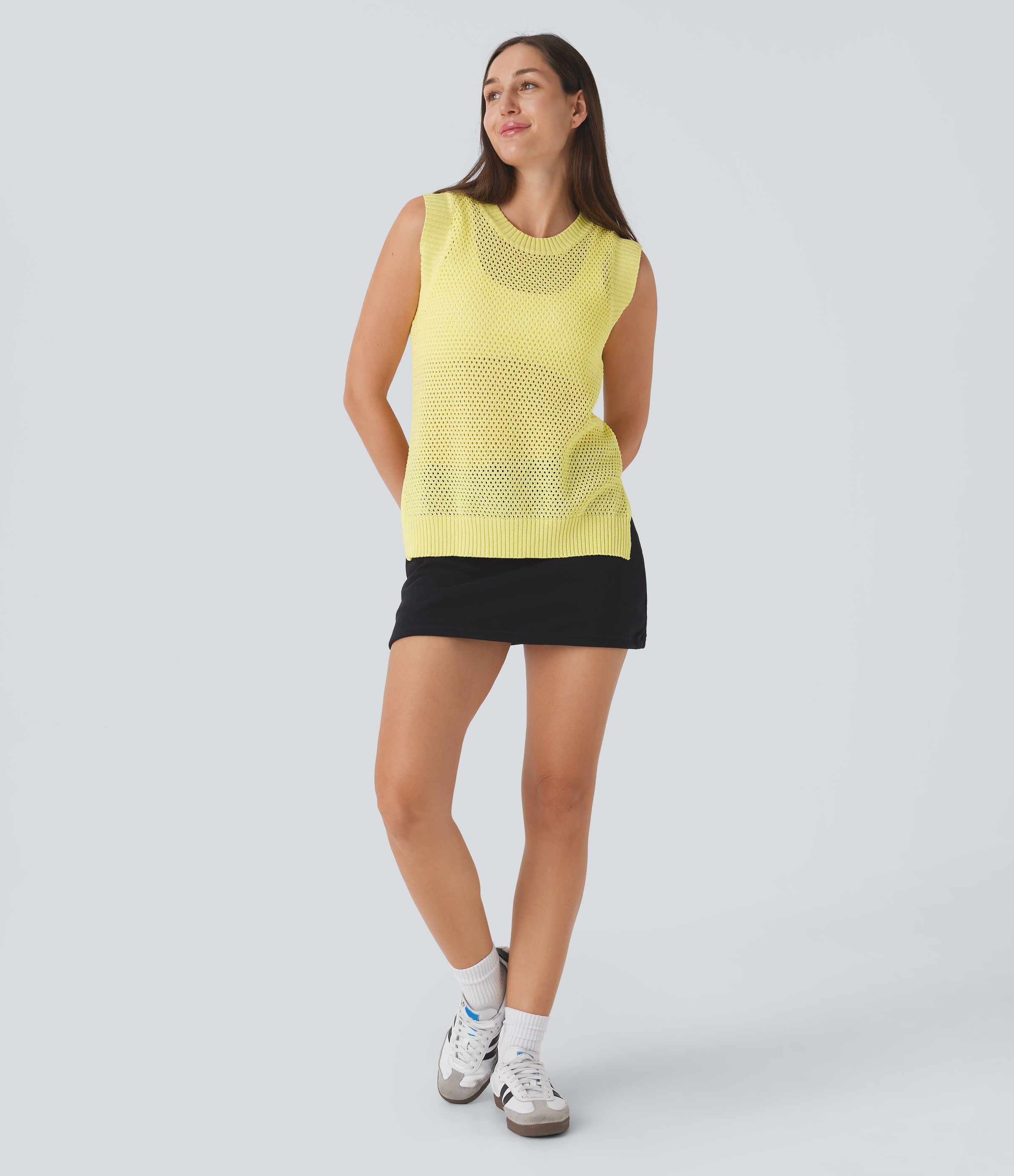 Halara Round Neck Split Hollow Out Casual Knit Tank Top  - Lemonade - XS 