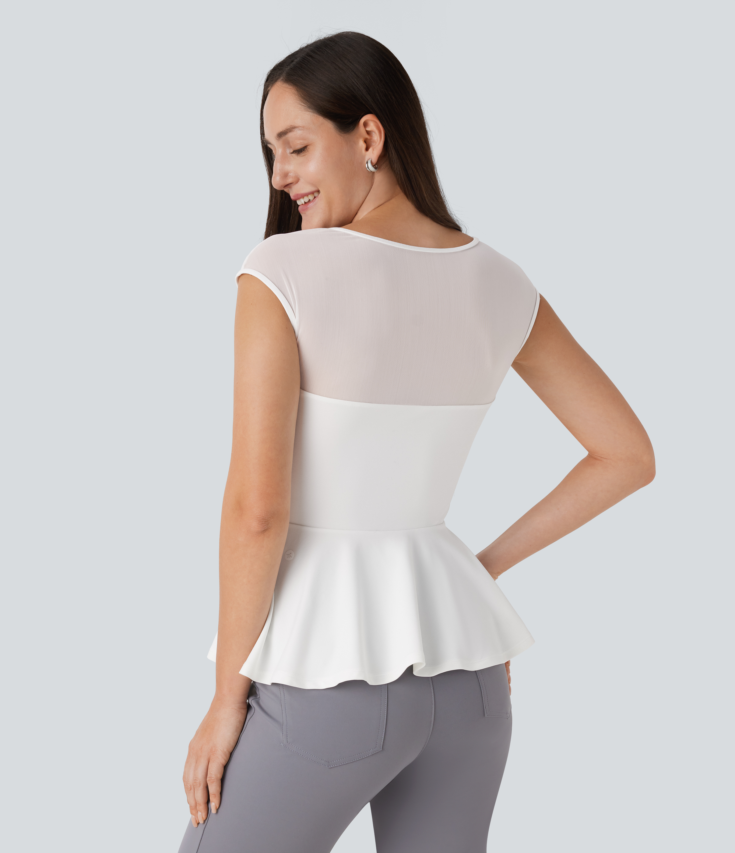 Halara Contrast Mesh Slim Work Peplum Top Tank Top - White - XS golf tops halter top tunic tops sleeveless tops backless top 