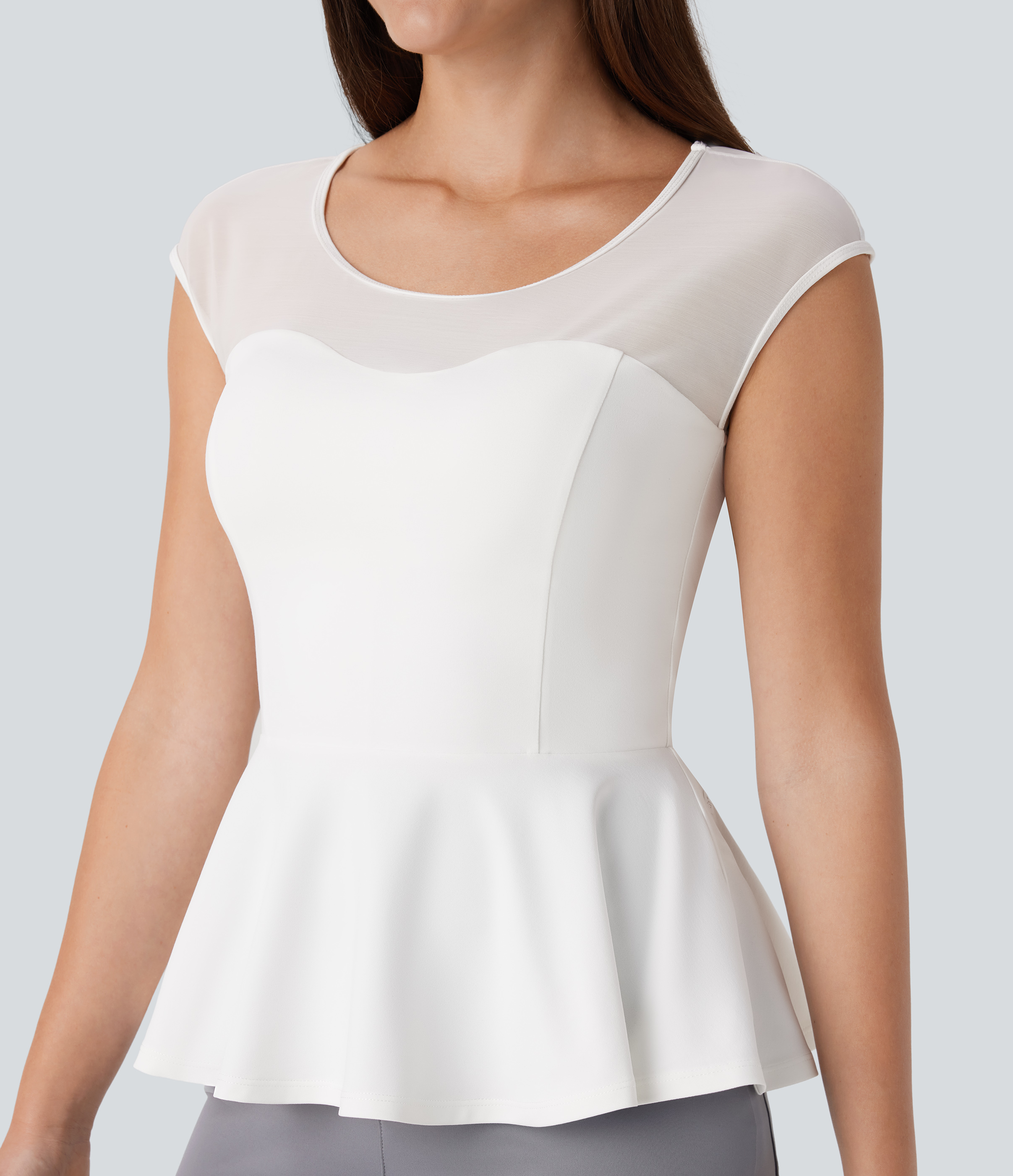 Halara Contrast Mesh Slim Work Peplum Top Tank Top - White - XS golf tops halter top tunic tops sleeveless tops backless top 