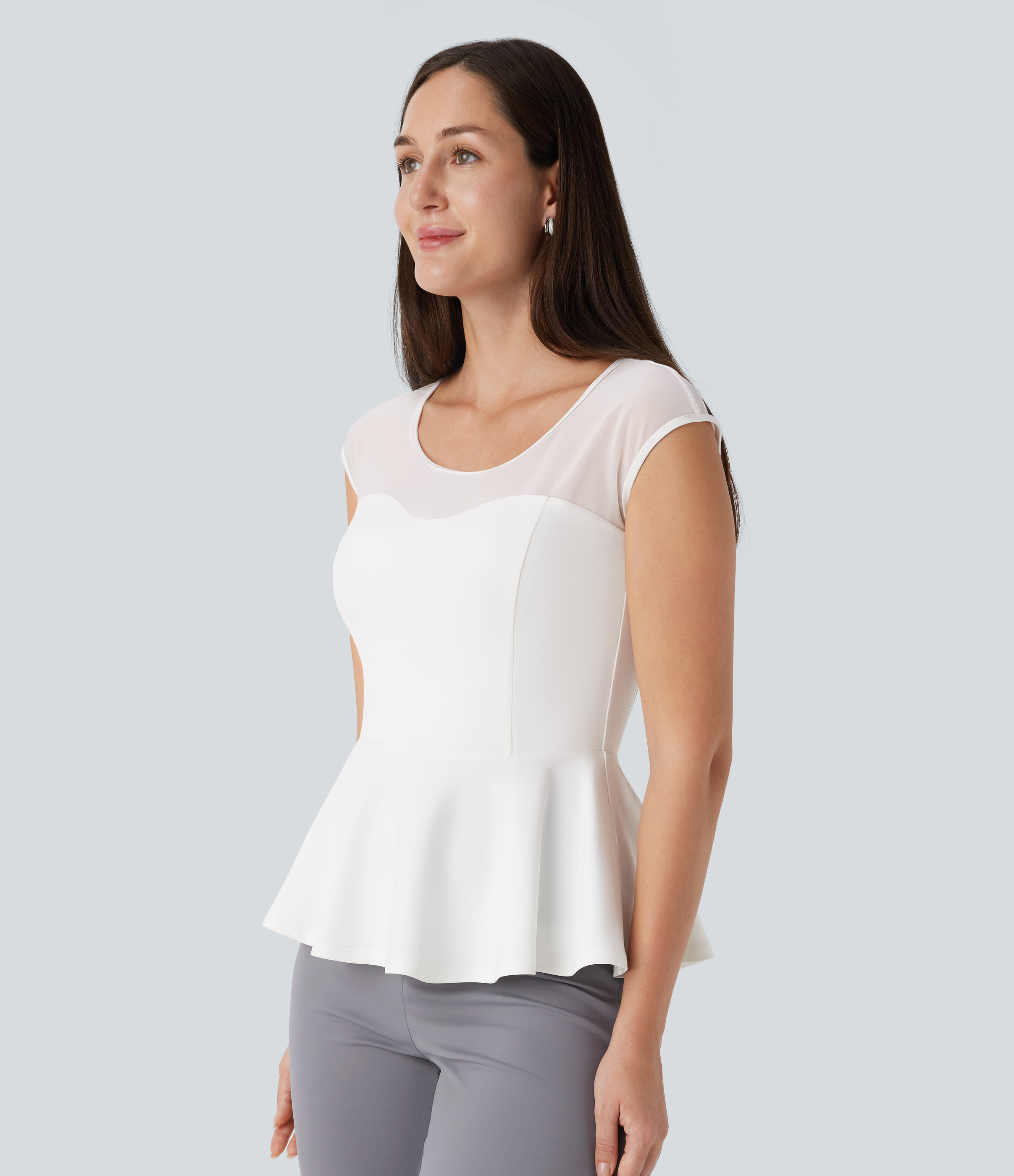Halara Contrast Mesh Slim Work Peplum Top Tank Top - White - XS golf tops halter top tunic tops sleeveless tops backless top 