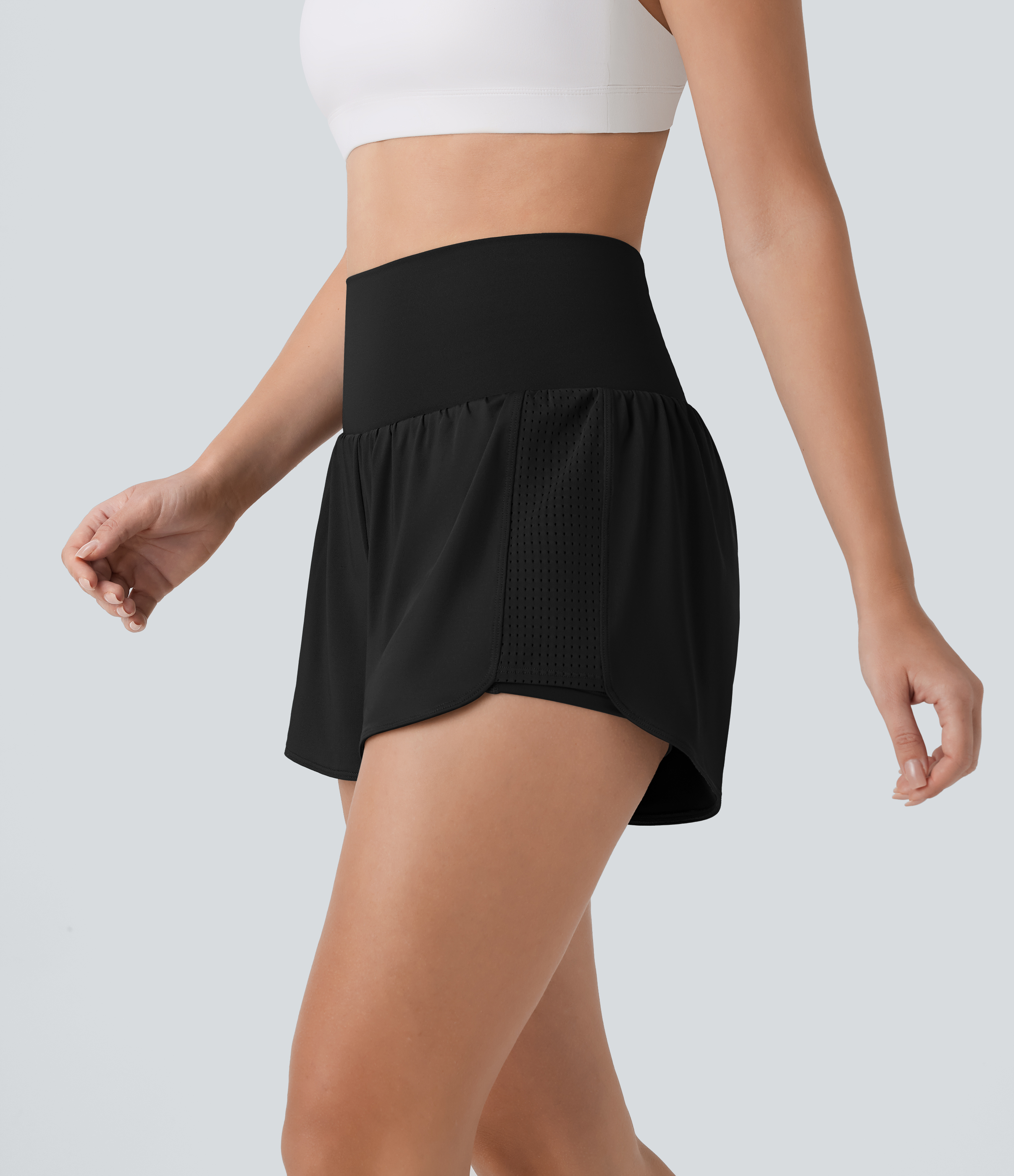 Halara Super High Waisted Contrast Mesh Back Pocket & Side Hidden Pocket 2-in-1 Yoga Shorts 3`` Gym Short - Black - L booty shorts 