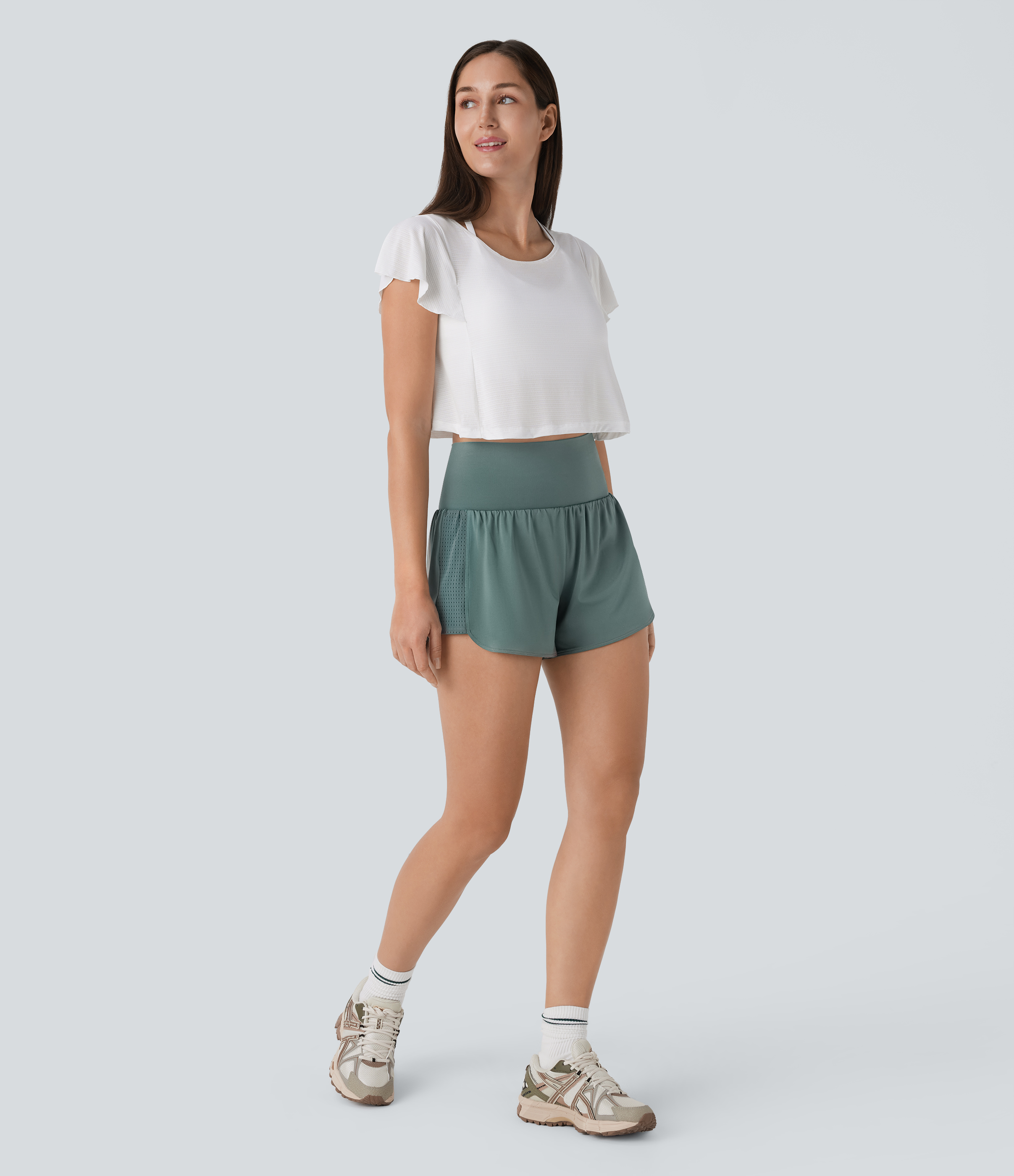 Halara Super High Waisted Contrast Mesh Back Pocket & Side Hidden Pocket 2-in-1 Yoga Shorts 3`` Gym Short - Duck Green - L booty shorts 