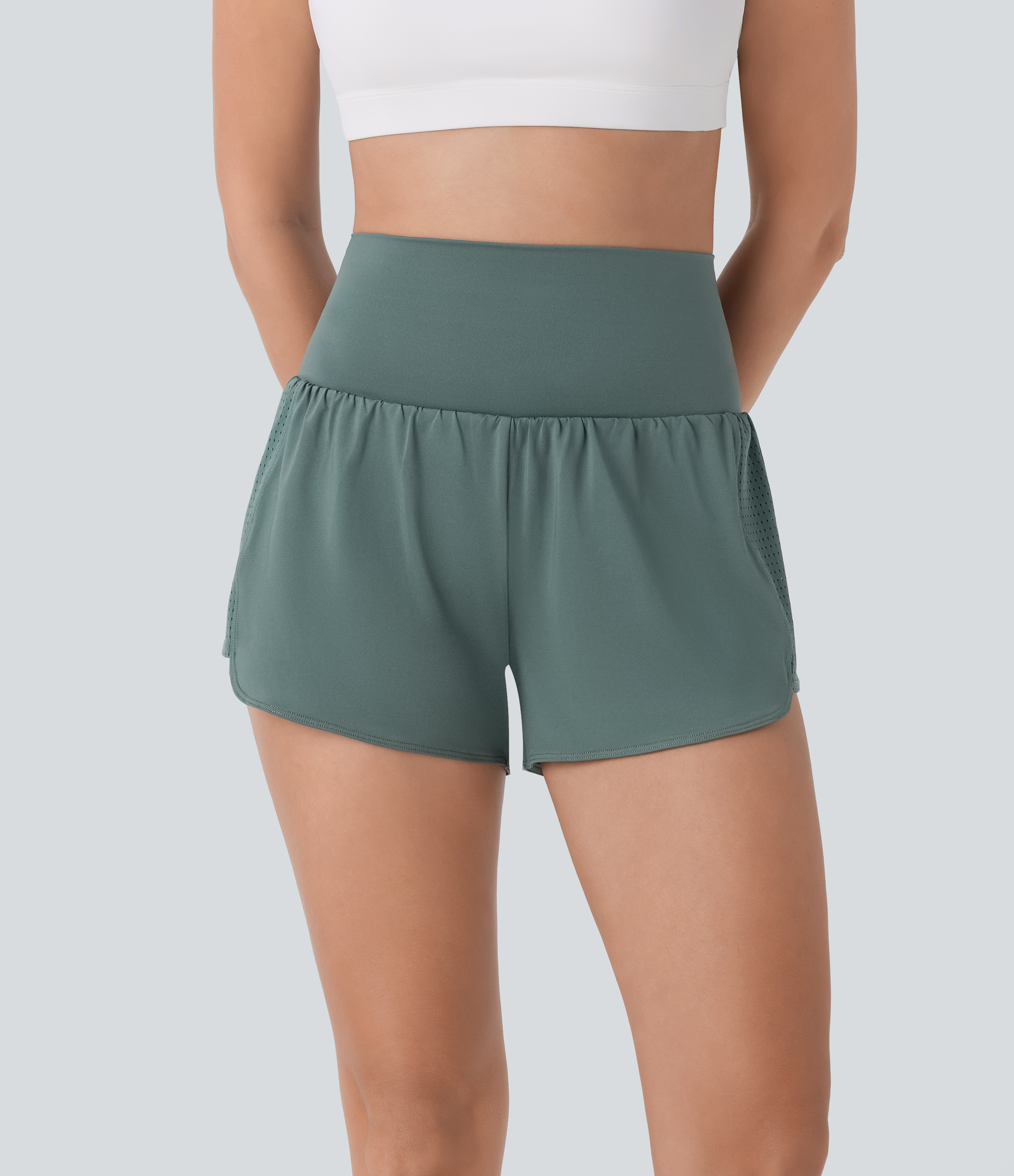 Halara Super High Waisted Contrast Mesh Back Pocket & Side Hidden Pocket 2-in-1 Yoga Shorts 3`` Gym Short - Duck Green - L booty shorts 