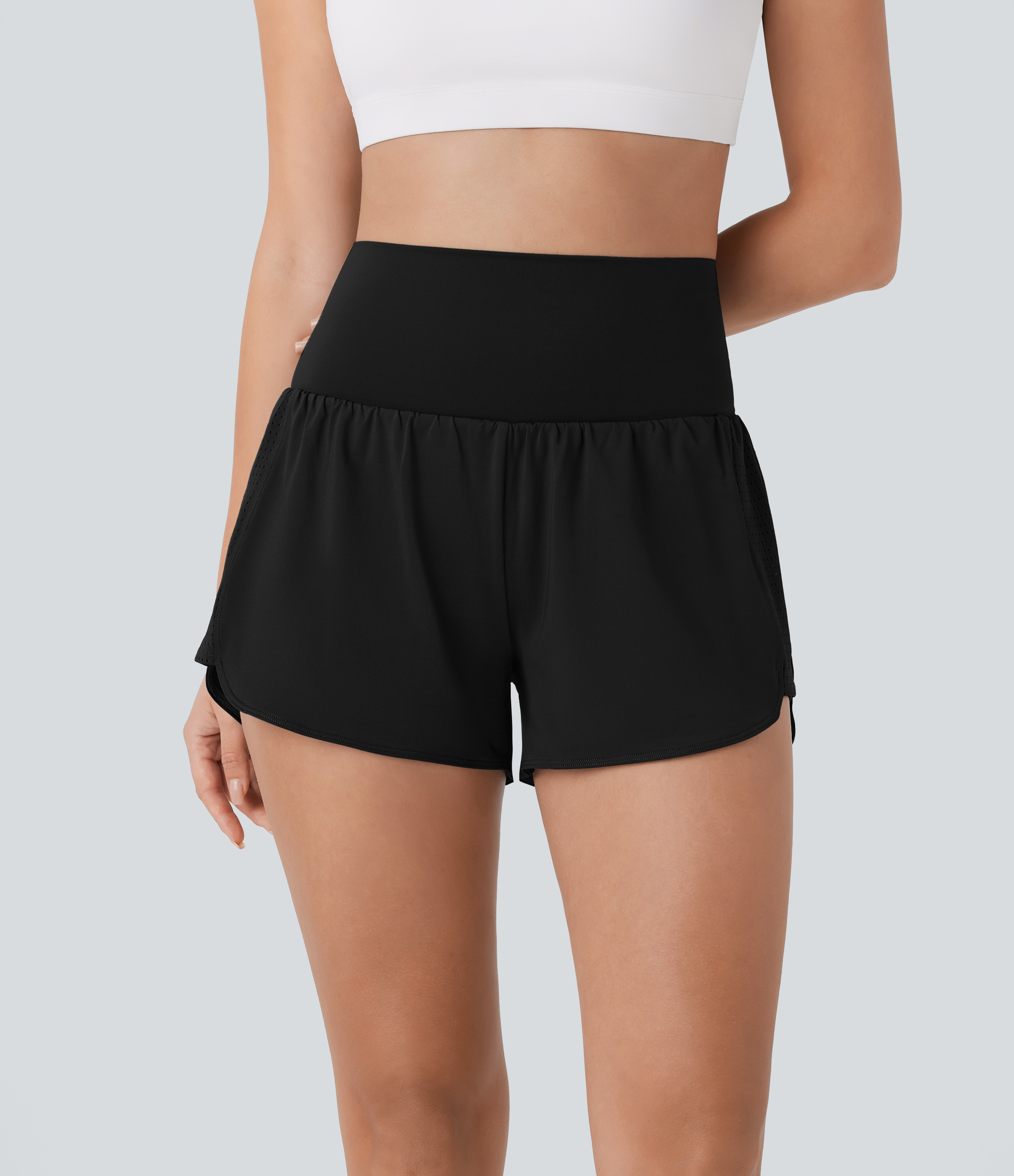 Halara Super High Waisted Contrast Mesh Back Pocket & Side Hidden Pocket 2-in-1 Yoga Shorts 3`` Gym Short - Black - L booty shorts 