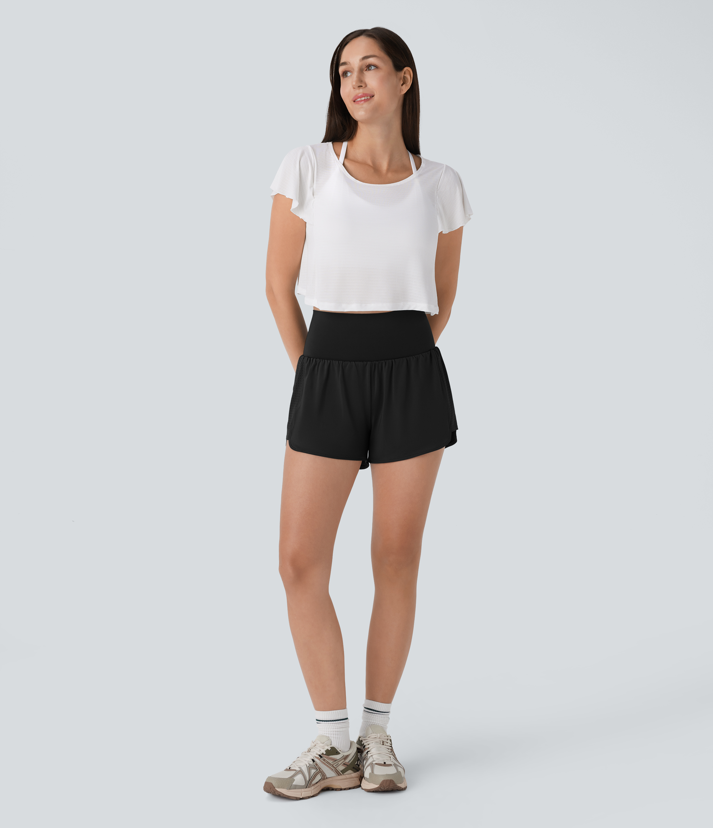 Halara Super High Waisted Contrast Mesh Back Pocket & Side Hidden Pocket 2-in-1 Yoga Shorts 3`` Gym Short - Black - L booty shorts 