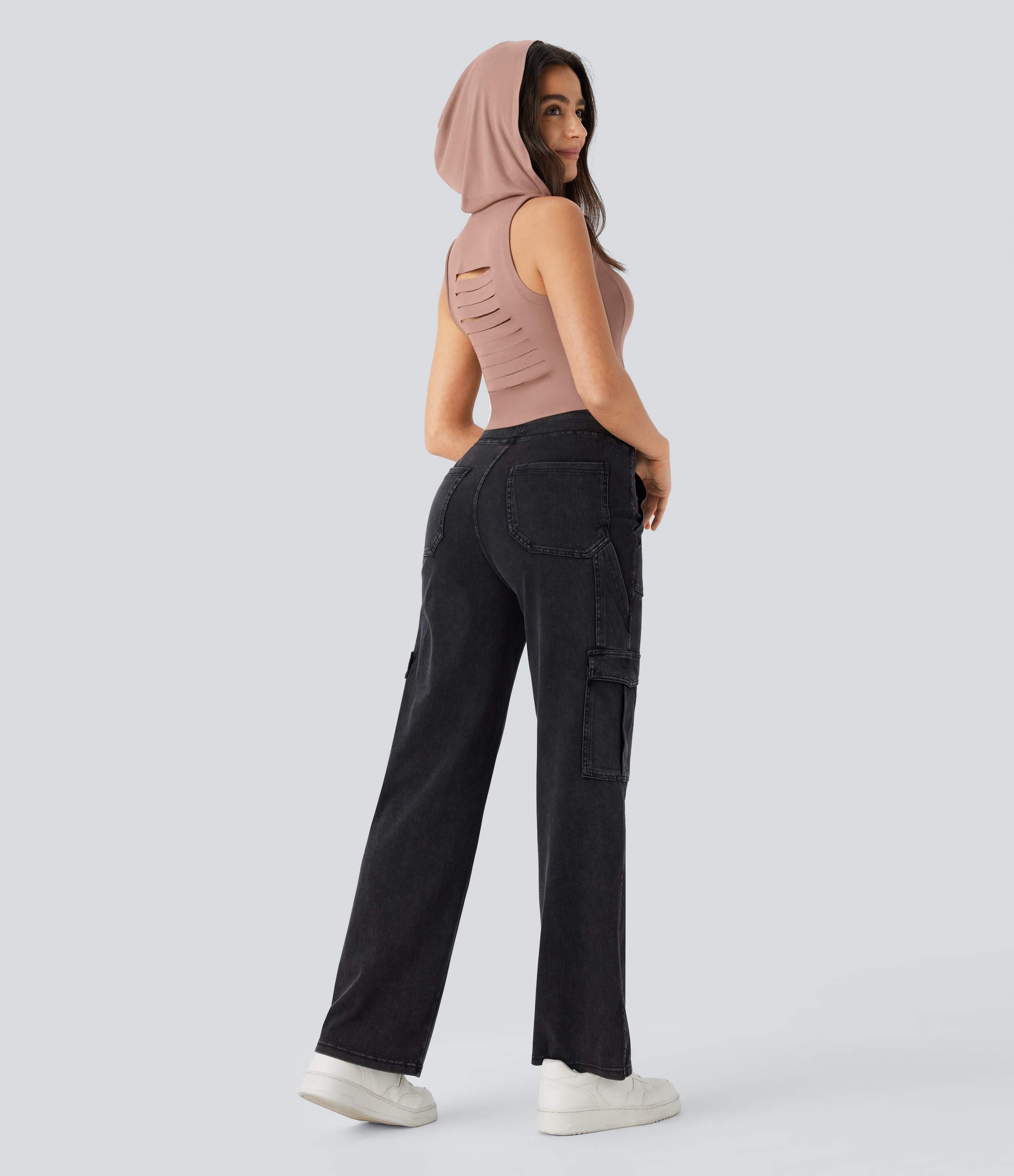 Halara Ribbed Hooded High Neck Sleeveless Cut Out Cropped Casual Tank Top Tank Top - Beaver Fur - L golf tops halter top tunic tops 