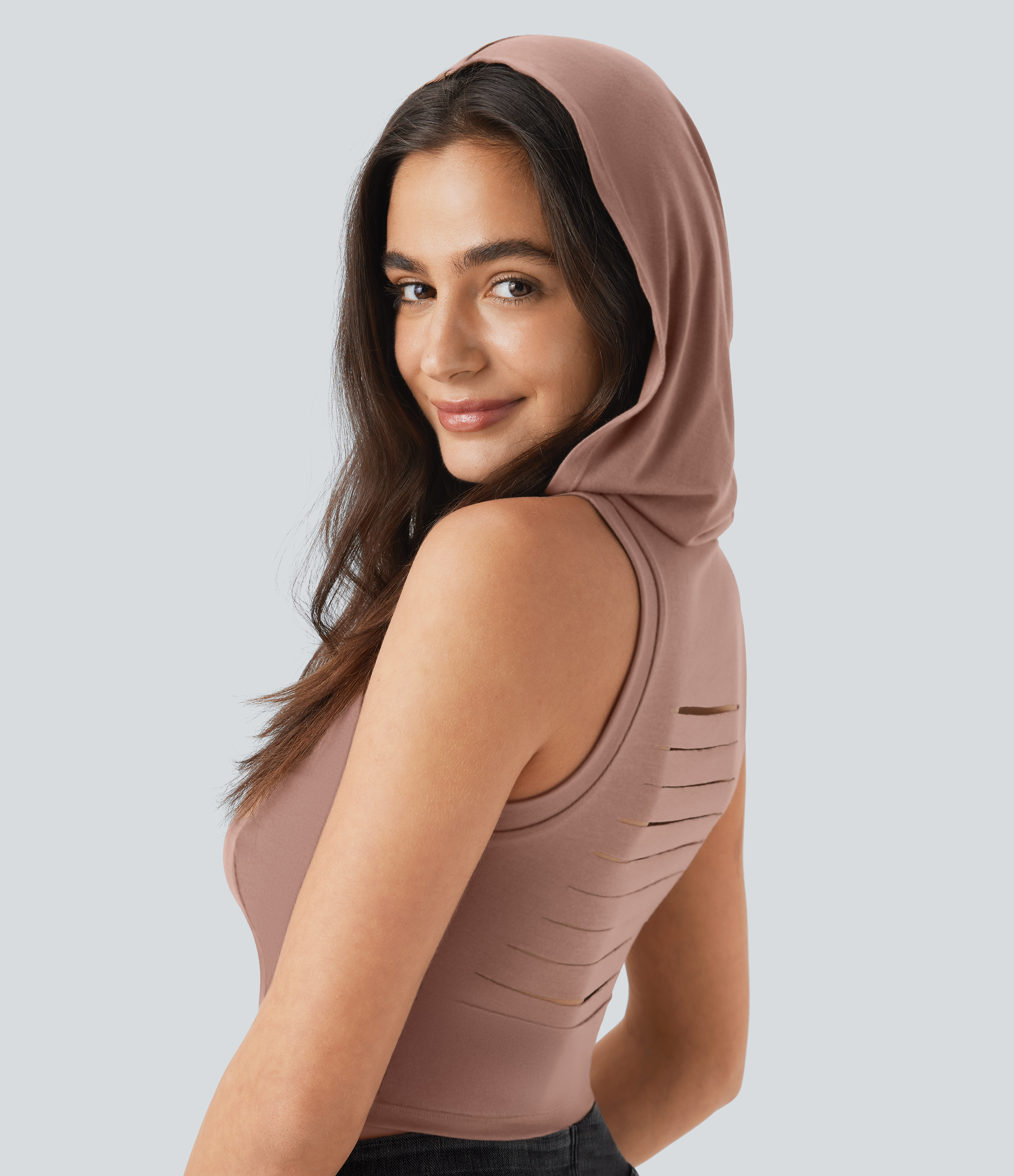 Halara Ribbed Hooded High Neck Sleeveless Cut Out Cropped Casual Tank Top Tank Top - Beaver Fur - L golf tops halter top tunic tops 