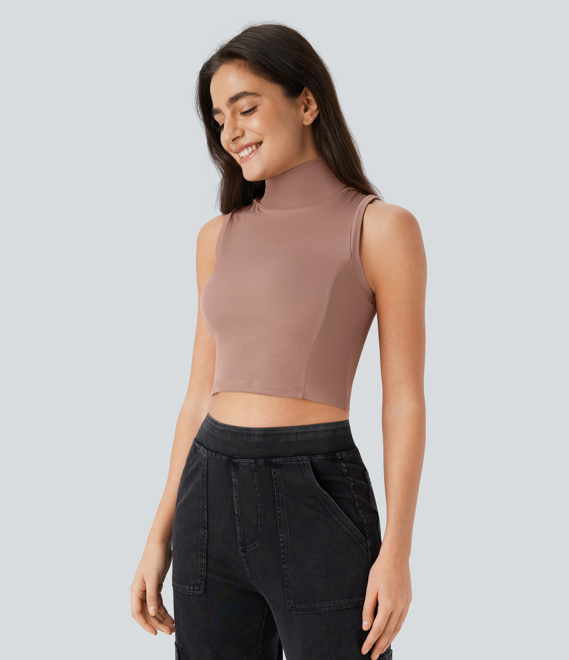 Halara Ribbed Hooded High Neck Sleeveless Cut Out Cropped Casual Tank Top Tank Top - Beaver Fur - L golf tops halter top tunic tops 