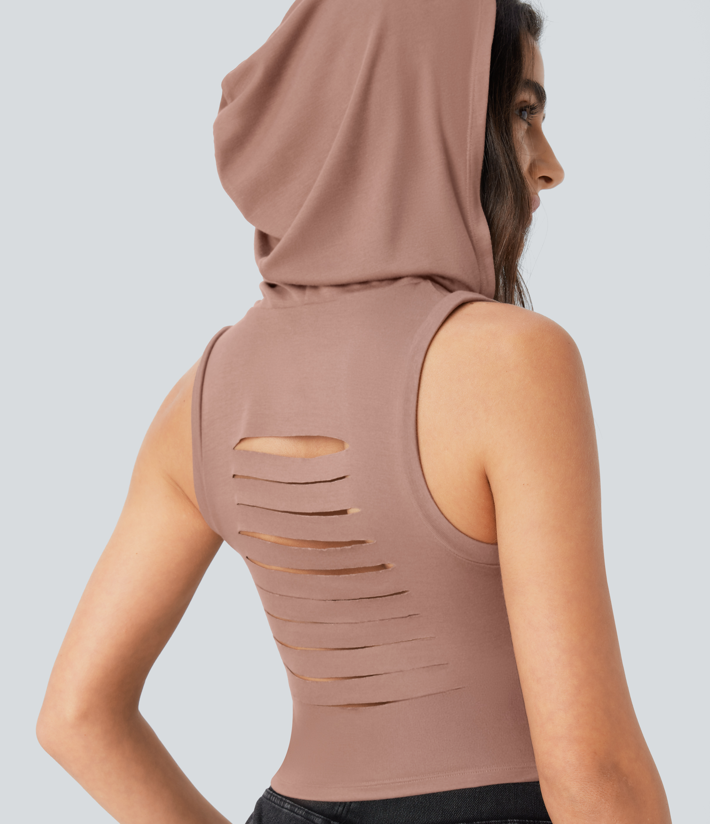 Halara Ribbed Hooded High Neck Sleeveless Cut Out Cropped Casual Tank Top Tank Top - Beaver Fur - L golf tops halter top tunic tops 