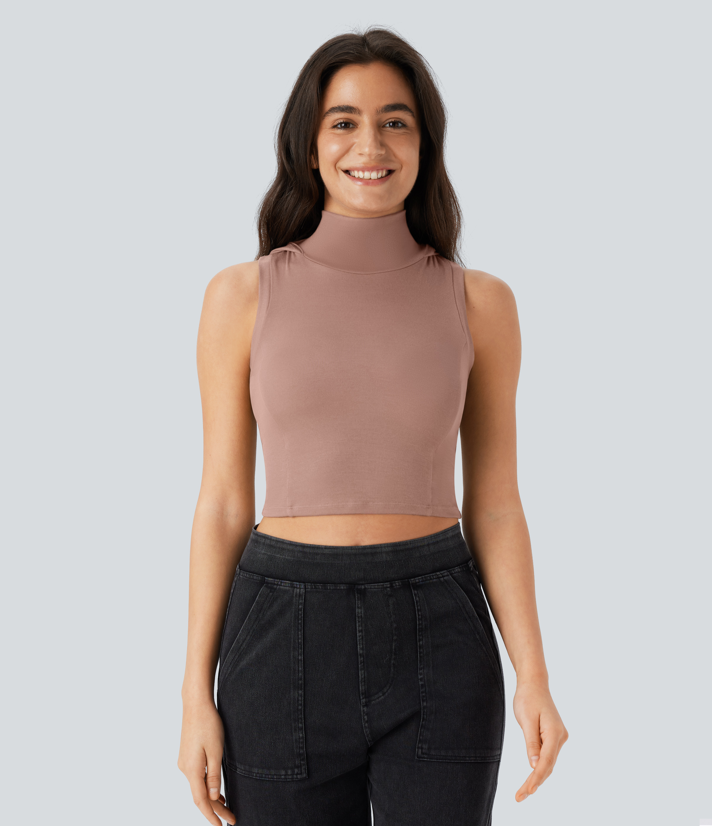 Halara Ribbed Hooded High Neck Sleeveless Cut Out Cropped Casual Tank Top Tank Top - Beaver Fur - L golf tops halter top tunic tops 
