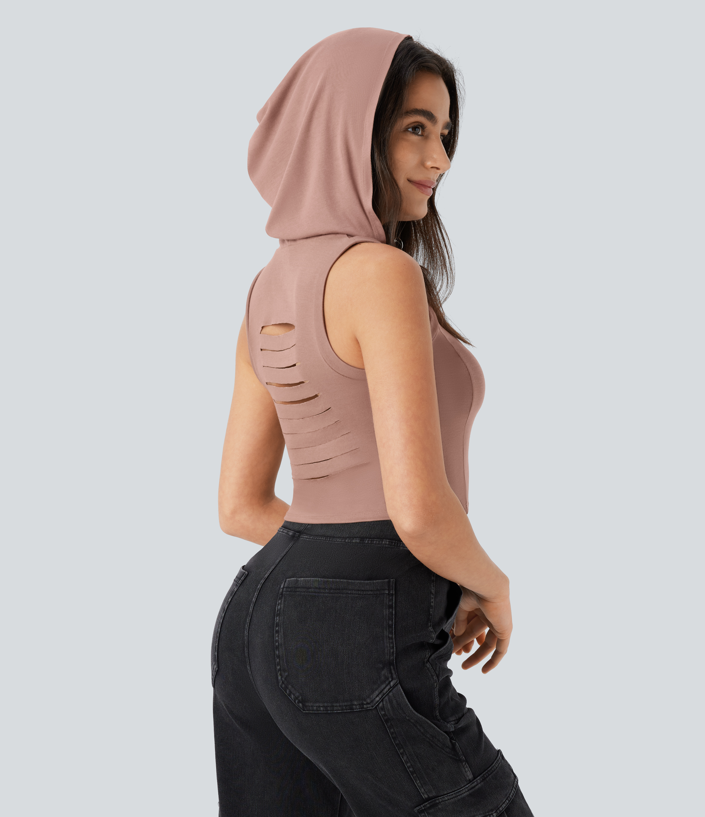 Halara Ribbed Hooded High Neck Sleeveless Cut Out Cropped Casual Tank Top Tank Top - Beaver Fur - L golf tops halter top tunic tops 