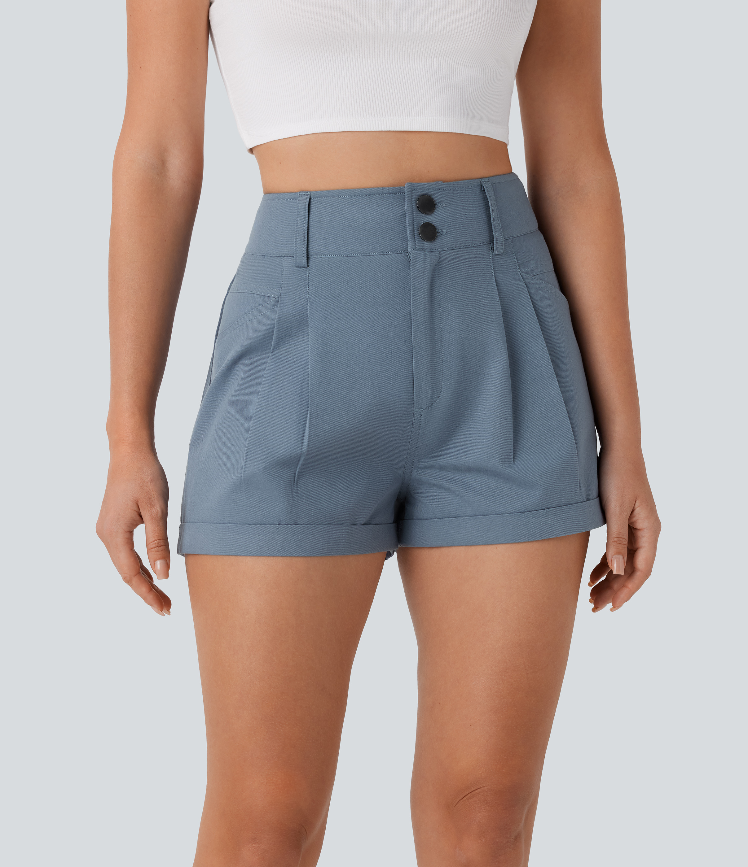 Halara High Waisted Button Zipper Multiple Pockets Casual Cotton Shorts  - Faded Denim - XS booty shorts compression shorts yoga shorts 