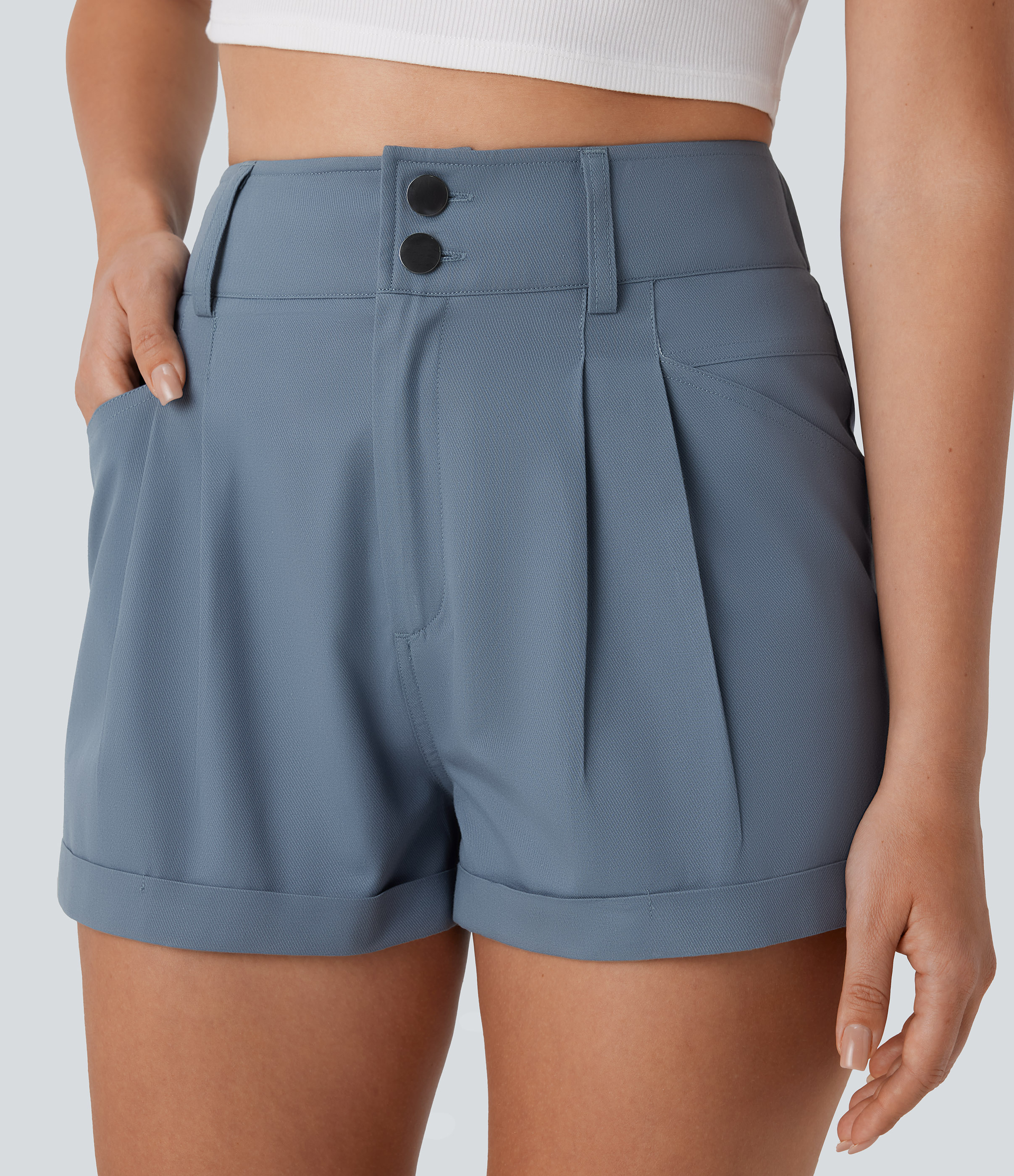 Halara High Waisted Button Zipper Multiple Pockets Casual Cotton Shorts  - Faded Denim - XS booty shorts compression shorts yoga shorts 