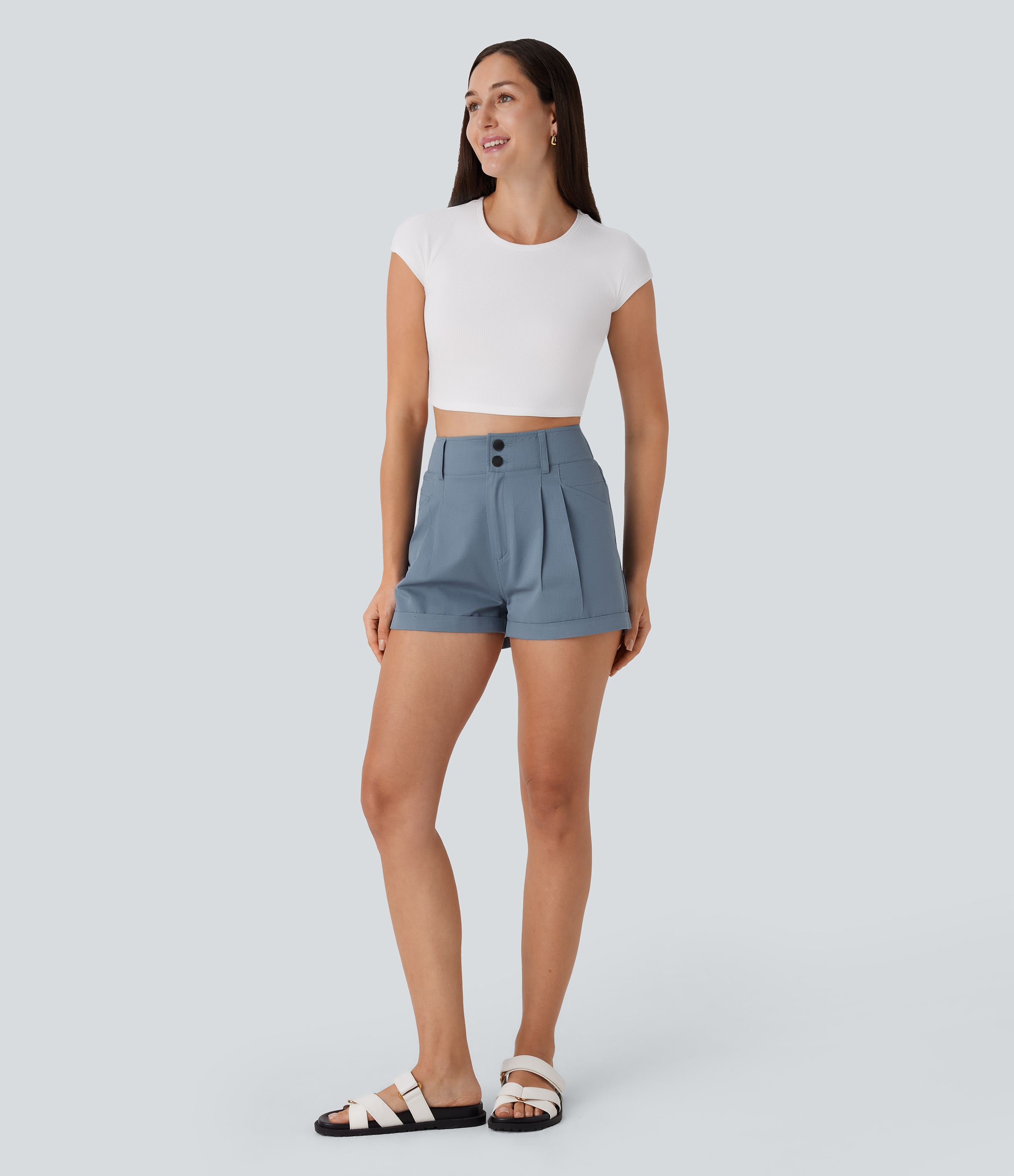 Halara High Waisted Button Zipper Multiple Pockets Casual Cotton Shorts  - Faded Denim - XS booty shorts compression shorts yoga shorts 