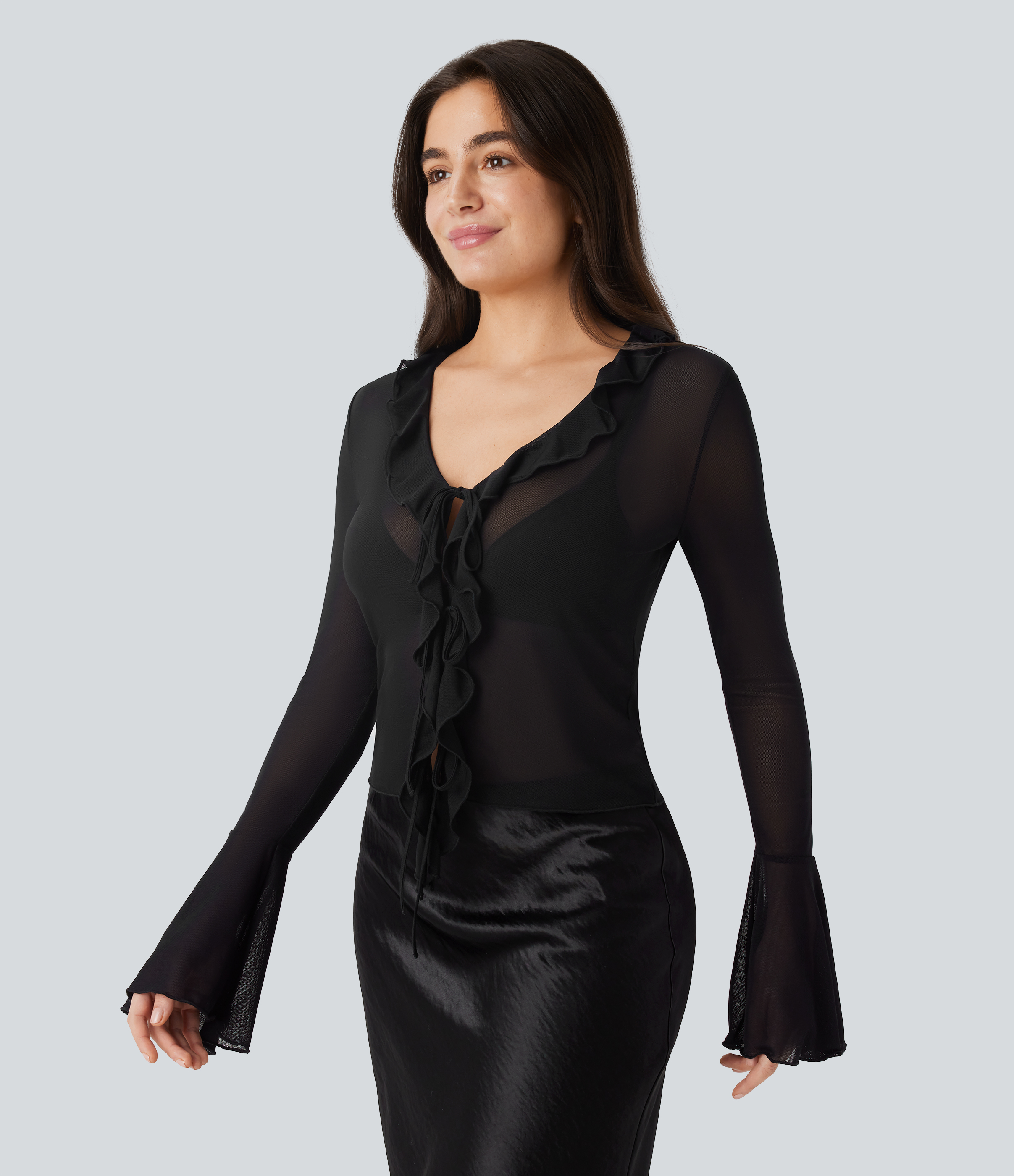 Halara Sheer Mesh V Neck Flounce Sleeve Ruffle Tie Front Casual Top Tank Top - Black - L golf tops halter top tunic tops sleeveless tops 