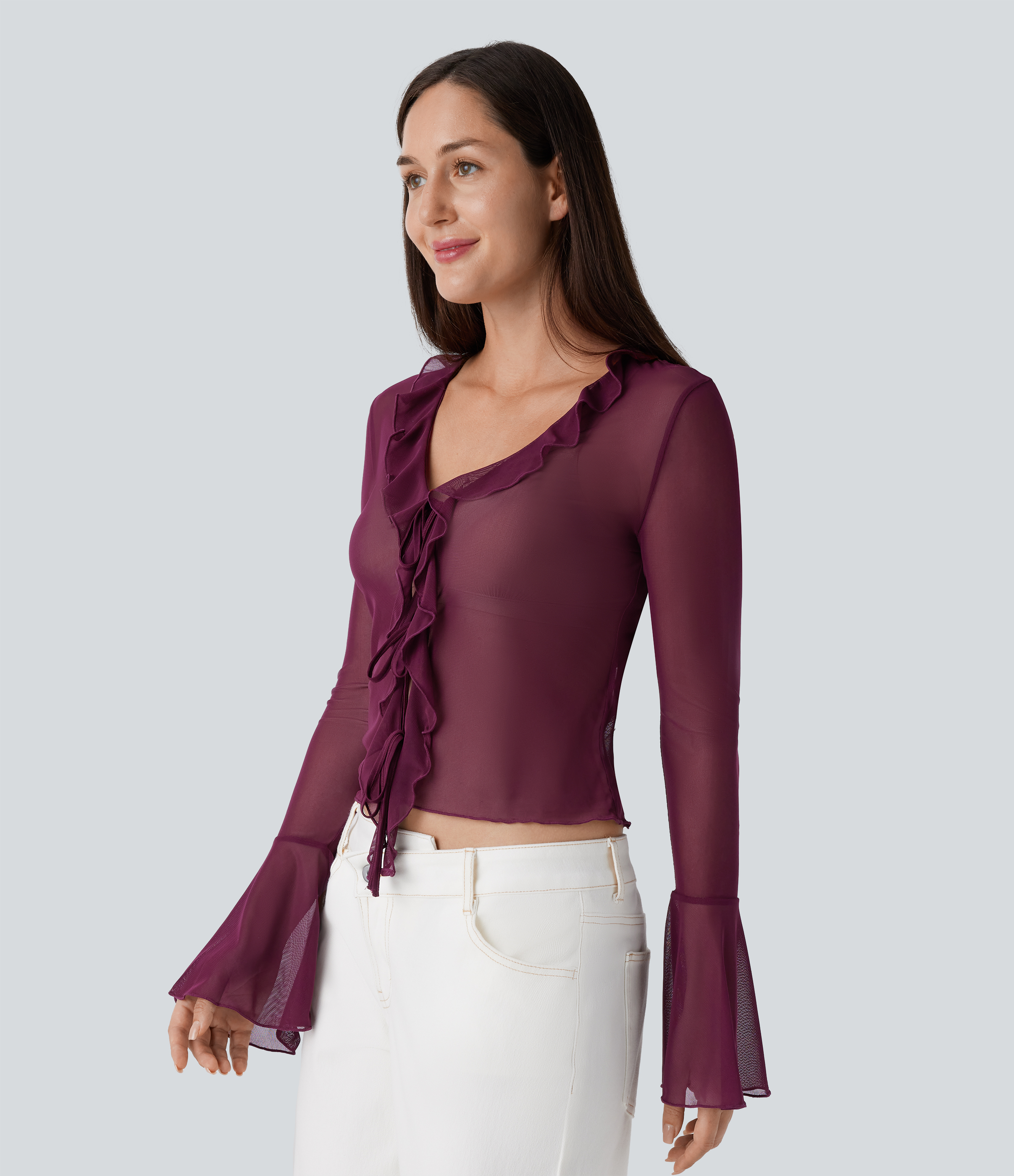 Halara Sheer Mesh V Neck Flounce Sleeve Ruffle Tie Front Casual Top Tank Top - Sandalwood Grape Purple - L golf tops halter top tunic tops 