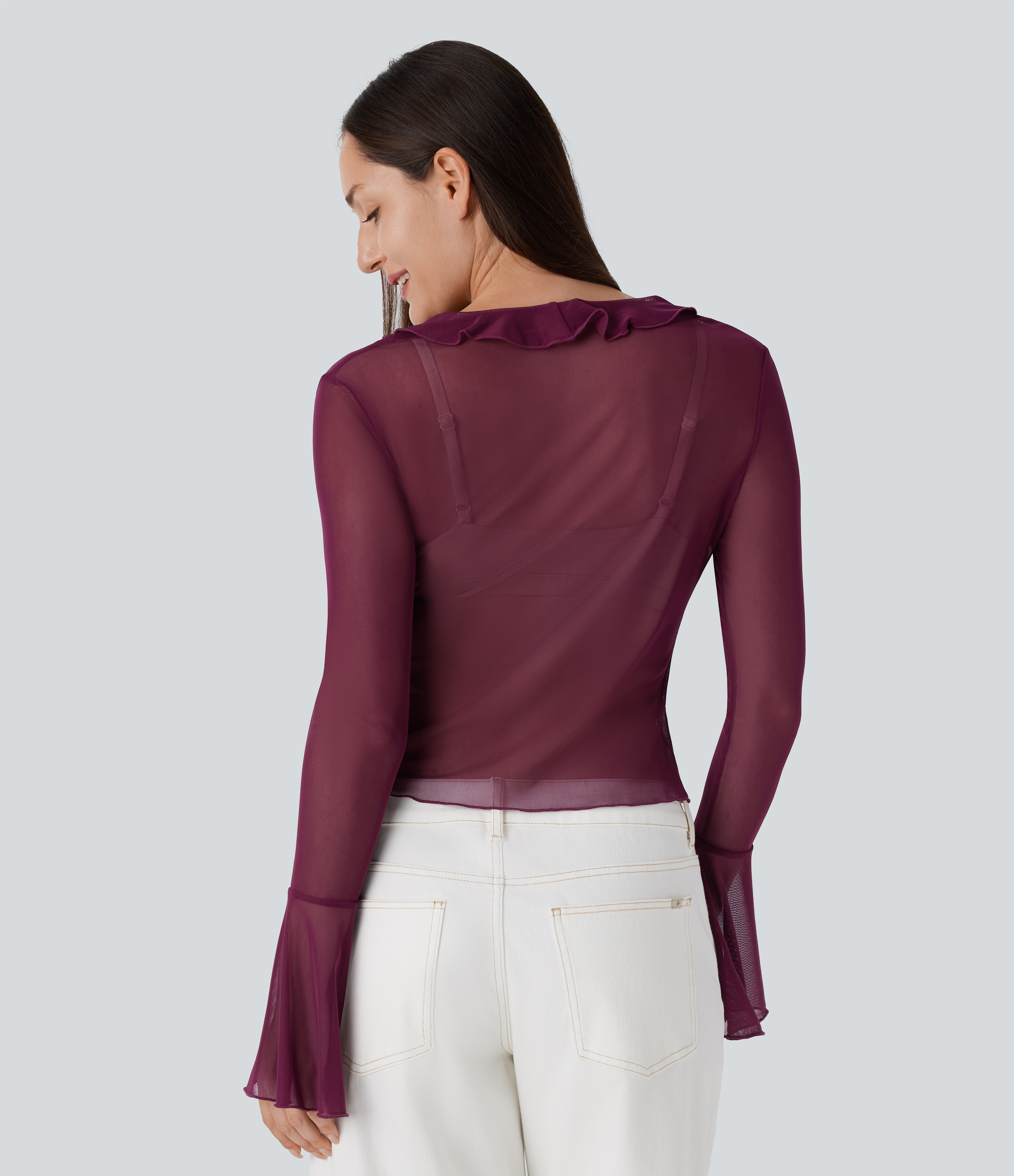 Halara Sheer Mesh V Neck Flounce Sleeve Ruffle Tie Front Casual Top Tank Top - Sandalwood Grape Purple - L golf tops halter top tunic tops 