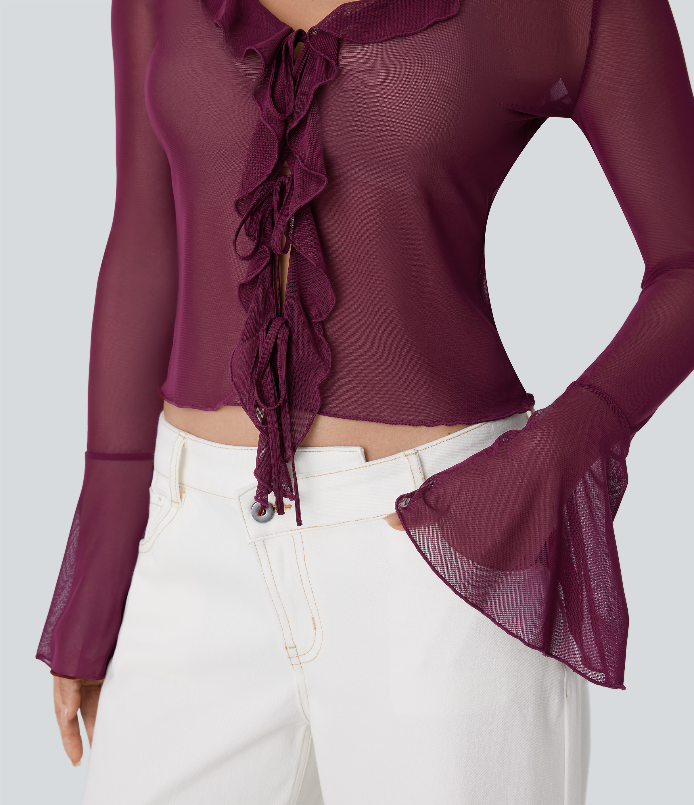 Halara Sheer Mesh V Neck Flounce Sleeve Ruffle Tie Front Casual Top Tank Top - Sandalwood Grape Purple - L golf tops halter top tunic tops 