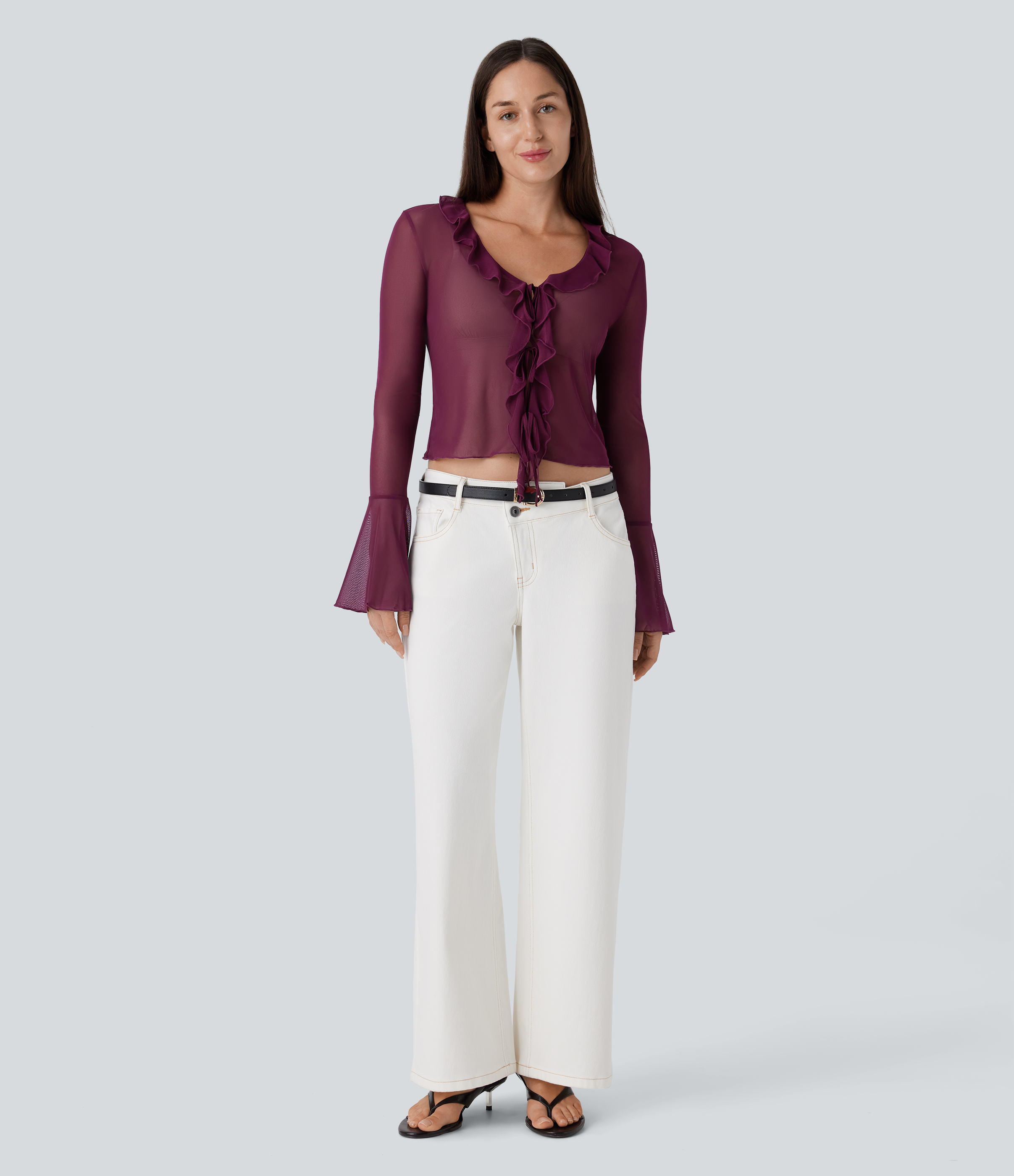 Halara Sheer Mesh V Neck Flounce Sleeve Ruffle Tie Front Casual Top Tank Top - Sandalwood Grape Purple - L golf tops halter top tunic tops 