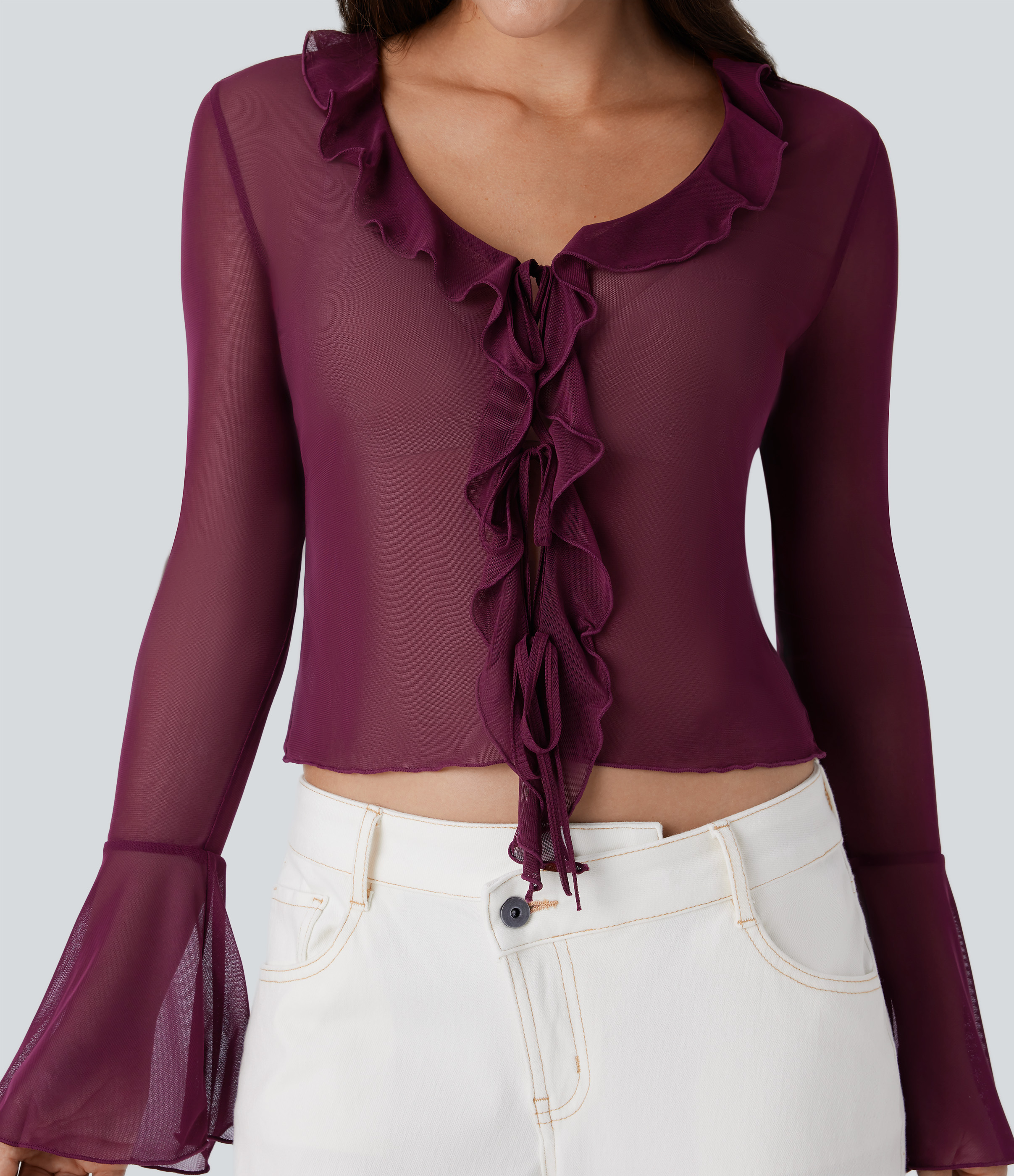 Halara Sheer Mesh V Neck Flounce Sleeve Ruffle Tie Front Casual Top Tank Top - Sandalwood Grape Purple - L golf tops halter top tunic tops 
