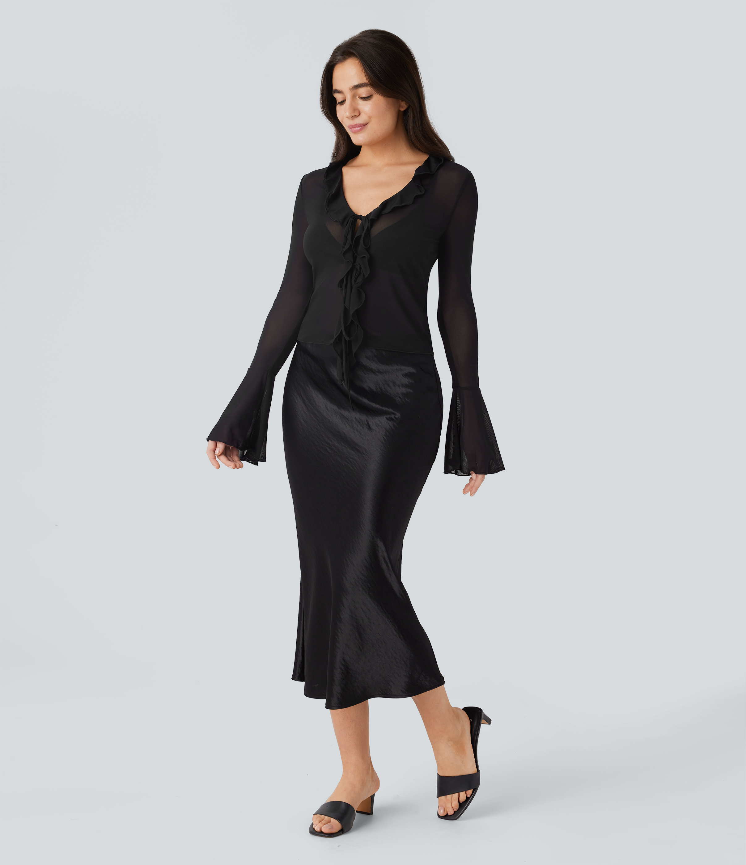 Halara Sheer Mesh V Neck Flounce Sleeve Ruffle Tie Front Casual Top Tank Top - Black - L golf tops halter top tunic tops sleeveless tops 