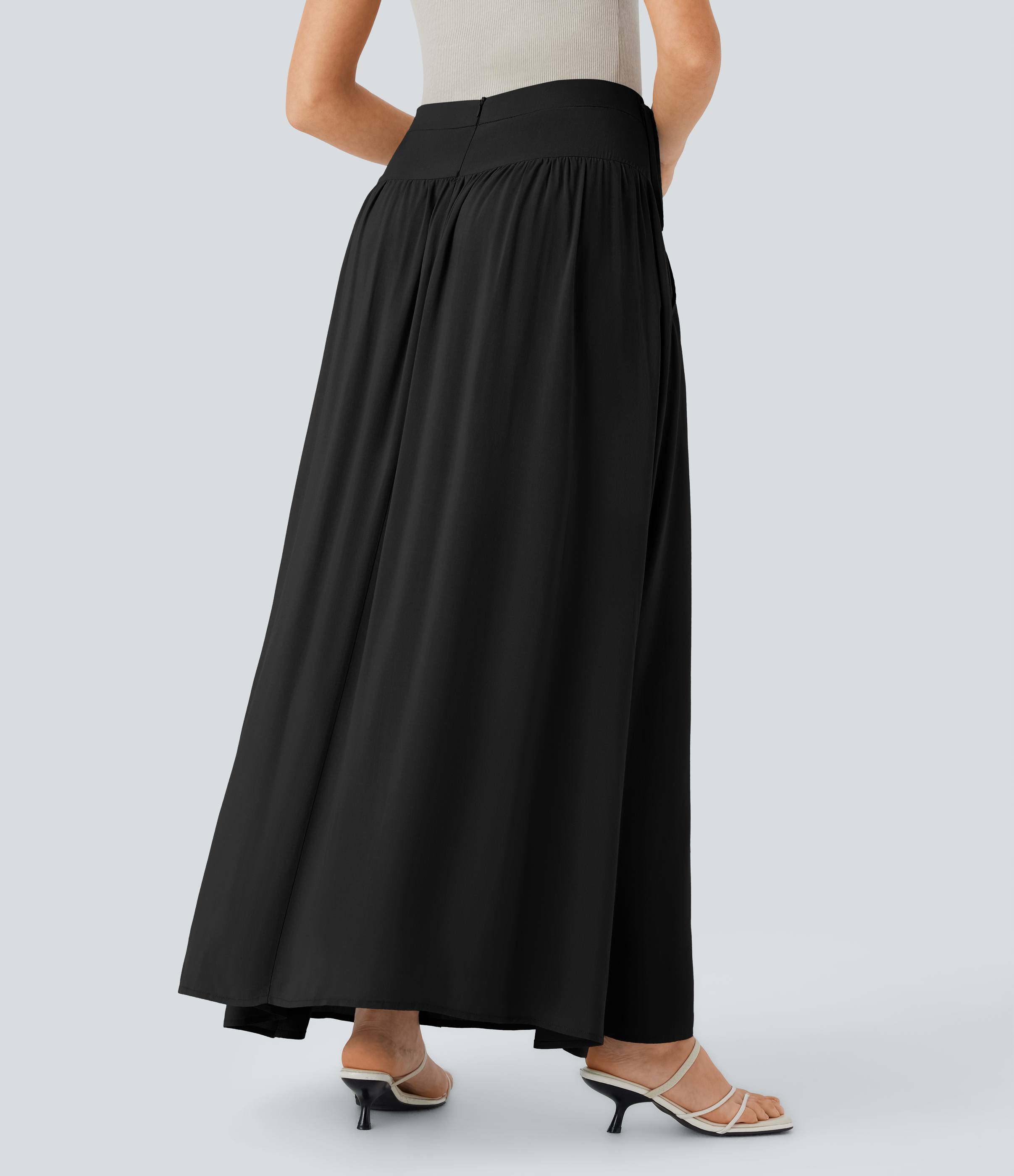 Halara Mid Low Rise Side Pocket Knot Invisible Zipper Flowy Maxi Resort Skirt  - Black - XL(regular) 