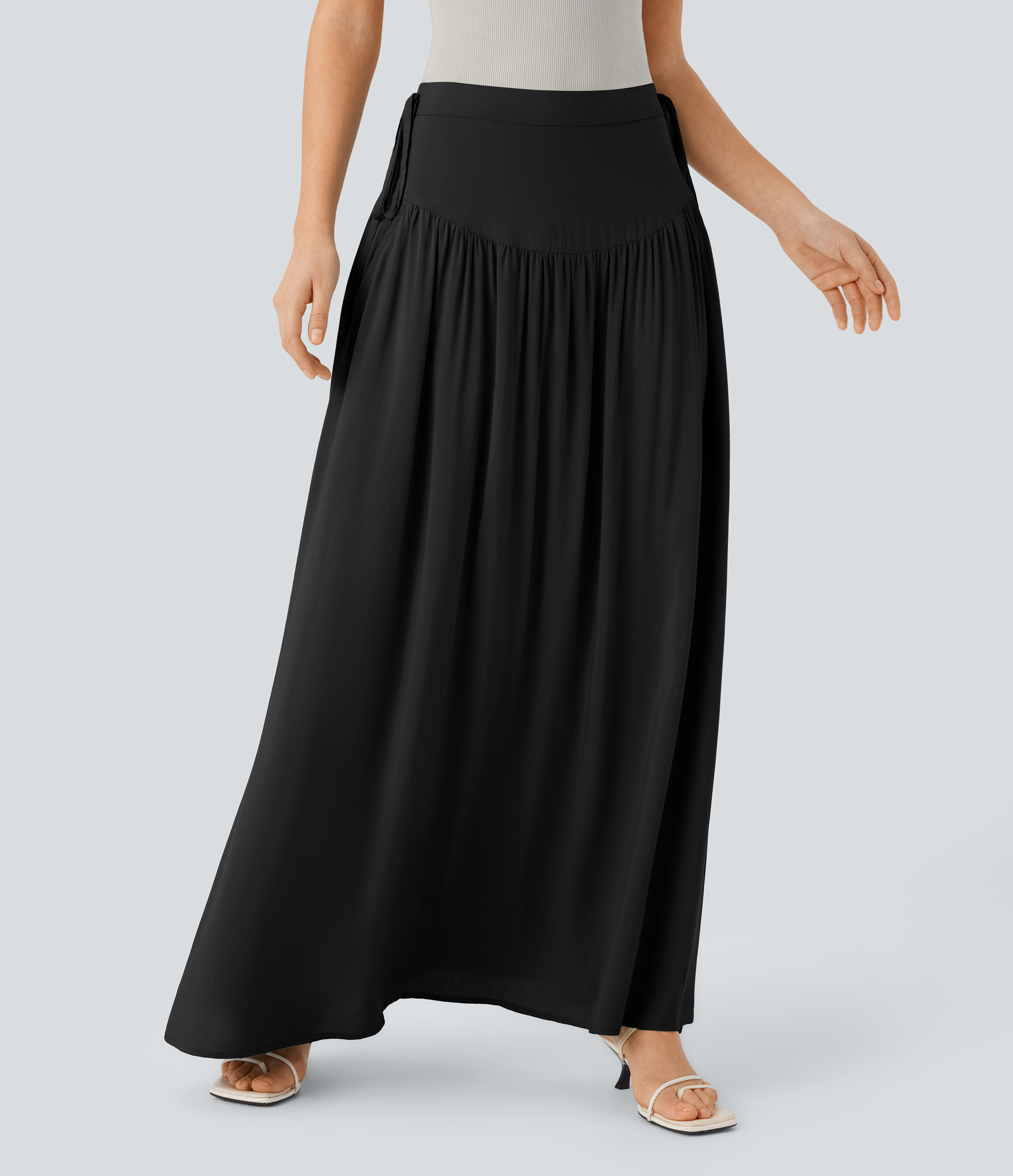 Halara Mid Low Rise Side Pocket Knot Invisible Zipper Flowy Maxi Resort Skirt  - Black - XL(regular) 