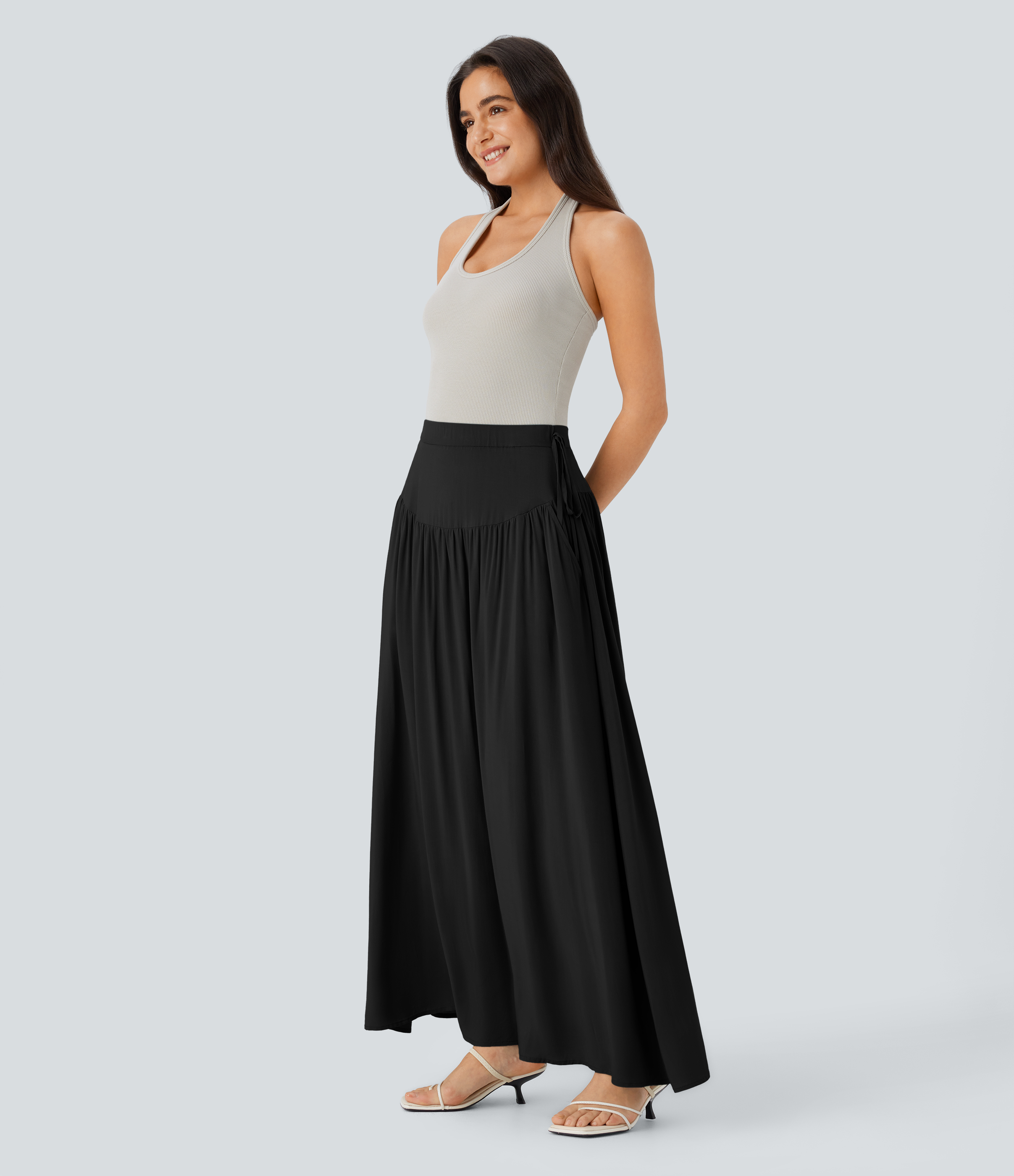 Halara Mid Low Rise Side Pocket Knot Invisible Zipper Flowy Maxi Resort Skirt  - Black - XL(regular) 