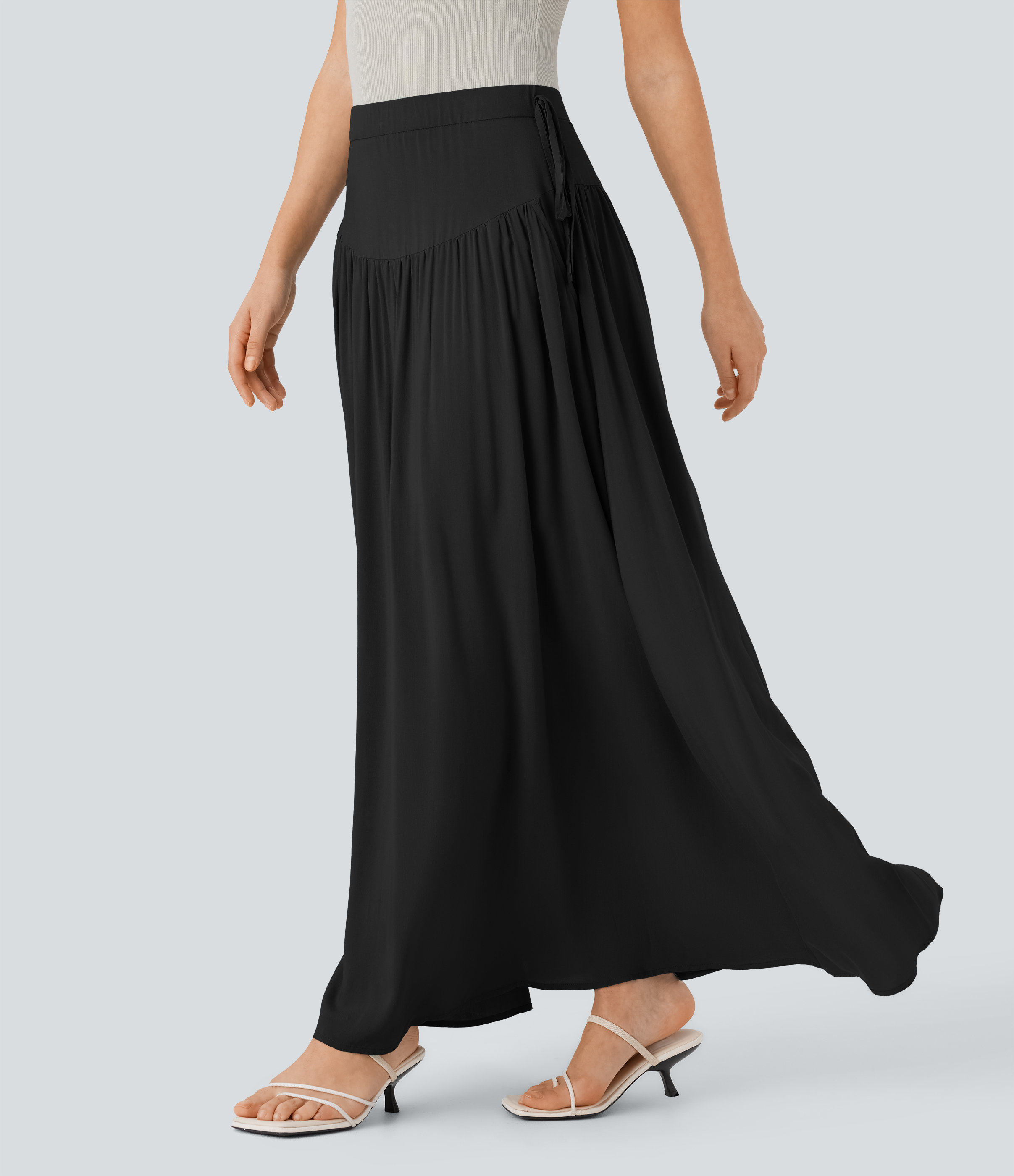 Halara Mid Low Rise Side Pocket Knot Invisible Zipper Flowy Maxi Resort Skirt  - Black - XL(regular) 