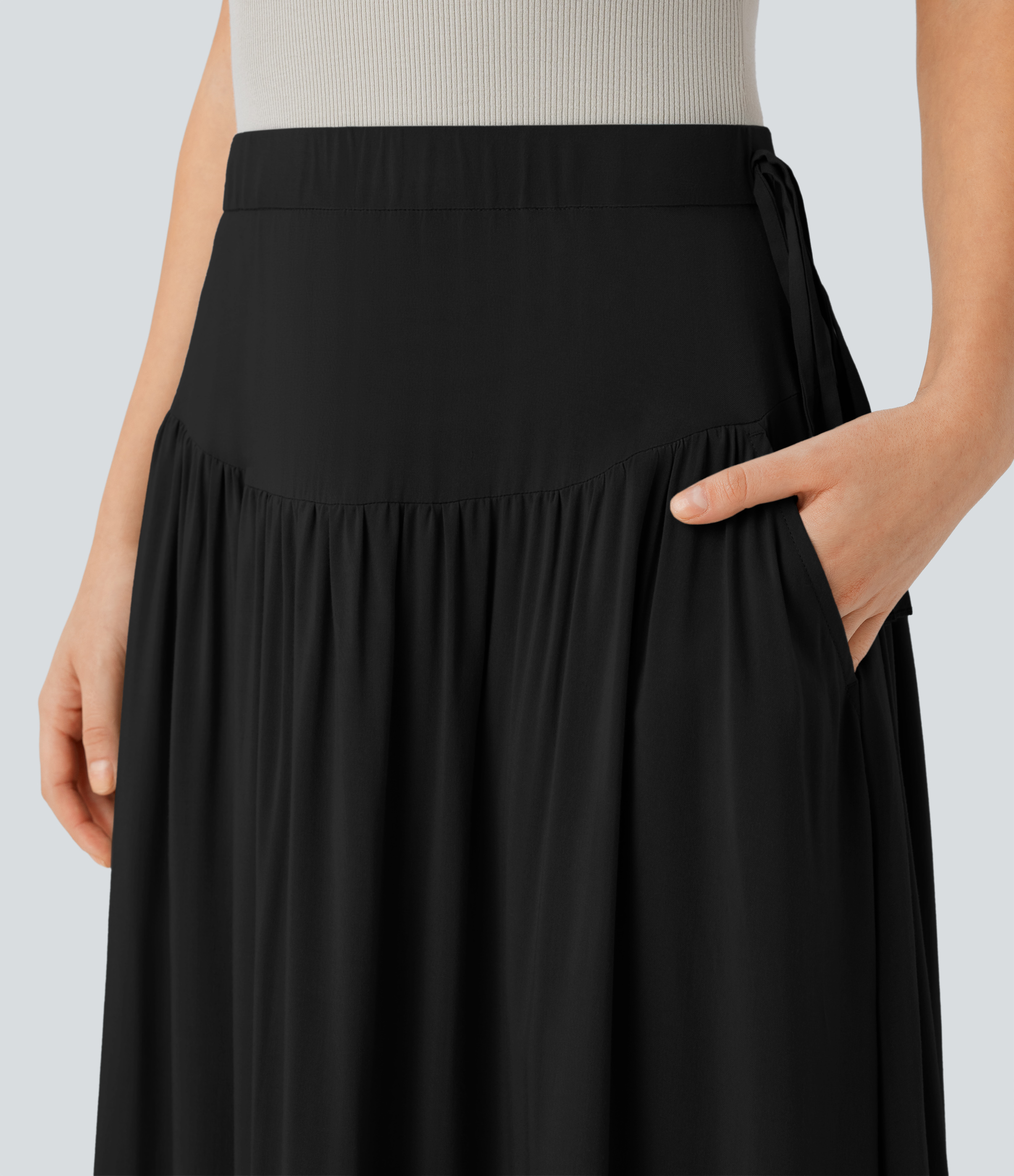 Halara Mid Low Rise Side Pocket Knot Invisible Zipper Flowy Maxi Resort Skirt  - Black - XL(regular) 