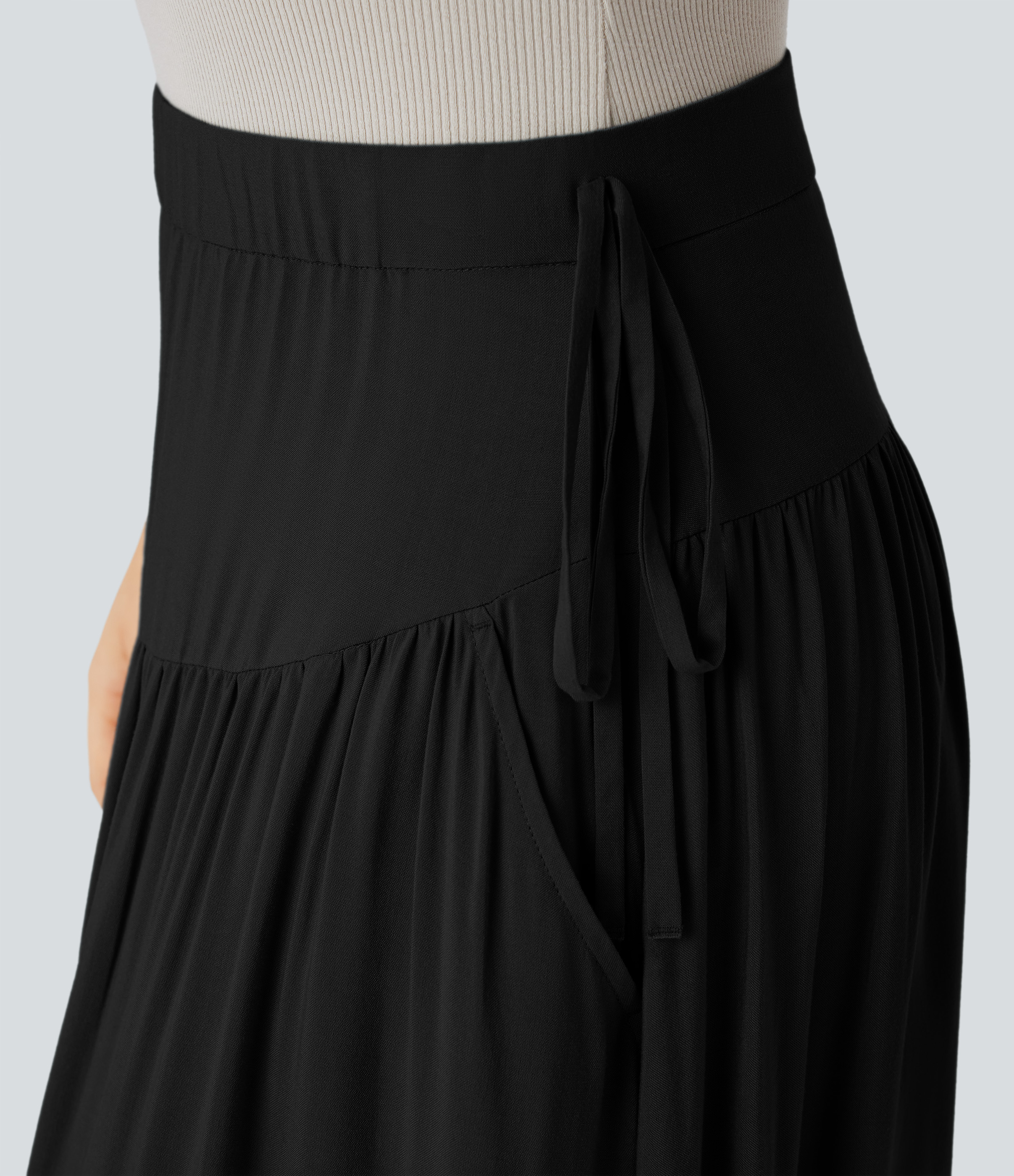 Halara Mid Low Rise Side Pocket Knot Invisible Zipper Flowy Maxi Resort Skirt  - Black - XL(regular) 