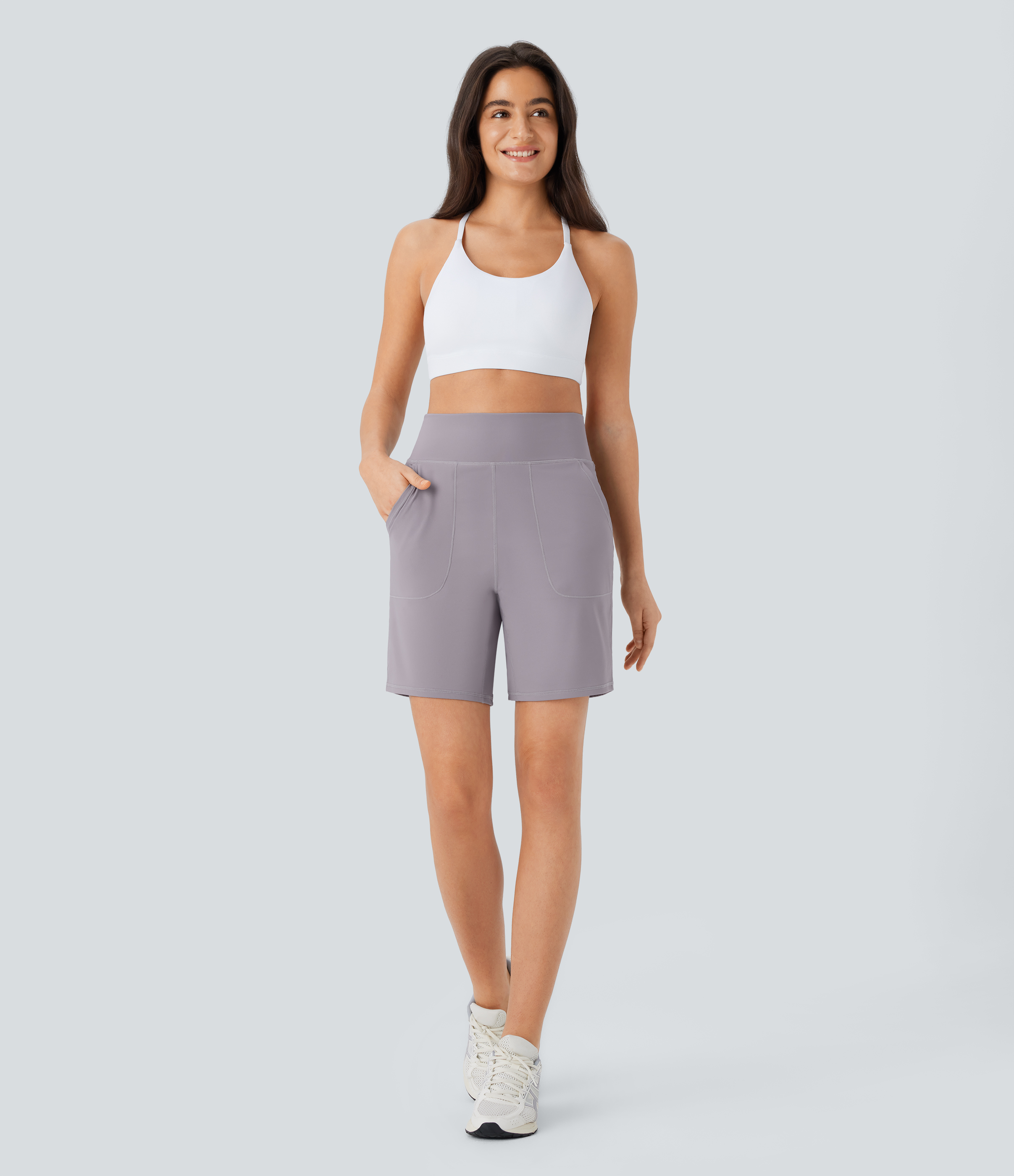 Halara Softlyzeroв„ў Airy High Waisted Multiple Pockets Cool Touch Yoga Shorts 7``-UPF50+ Gym Short - Gull - S booty shorts compression shorts 
